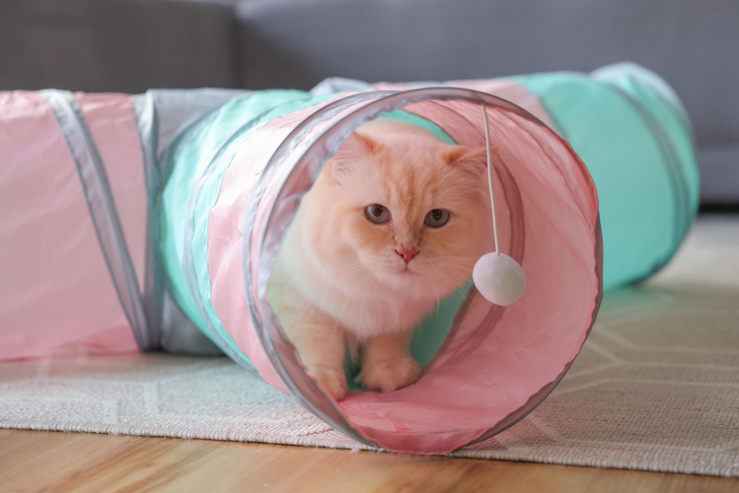 kerbl-pet-tunnel-de-jeu-triangle-pour-chat-80x50cm-25-cm-turquoise-rose-gris-bal image 2