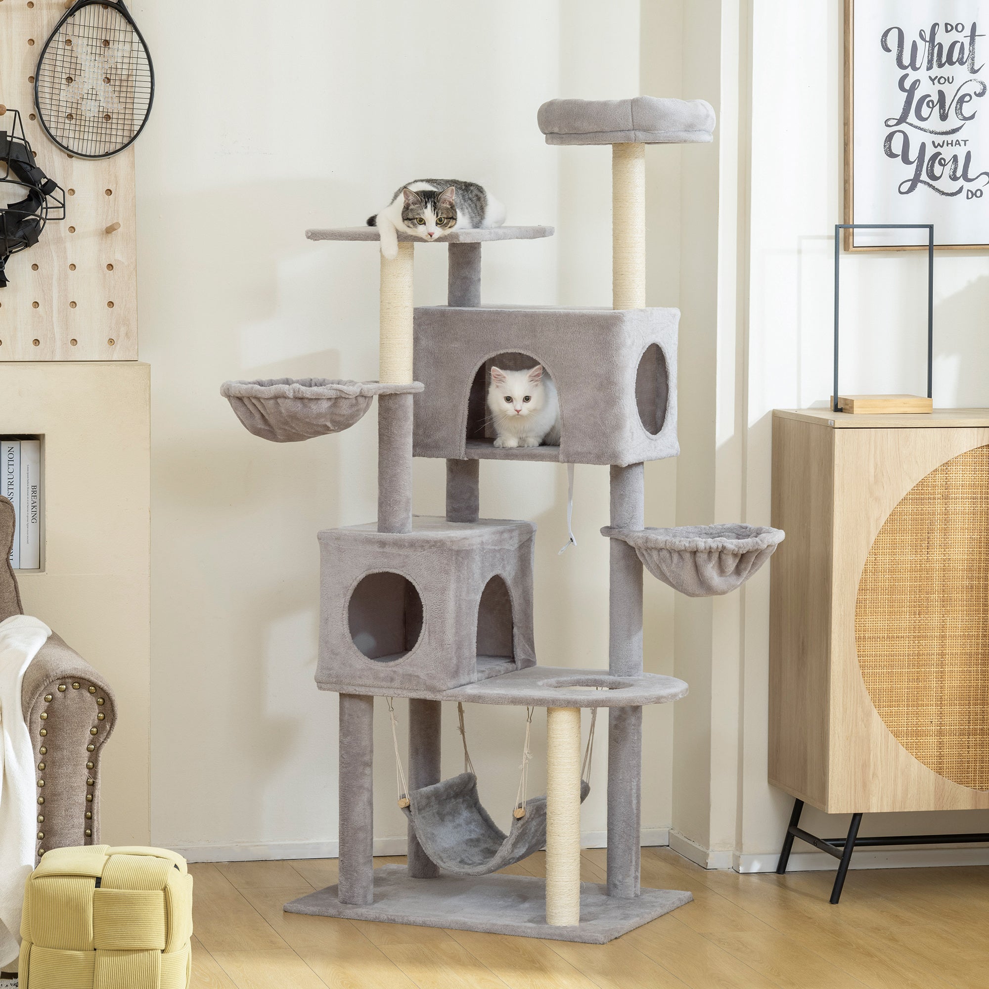 pawhut-arbre-chat-66-avec-2-niches-3-hamacs-et-perchoir-gris-clair image 3