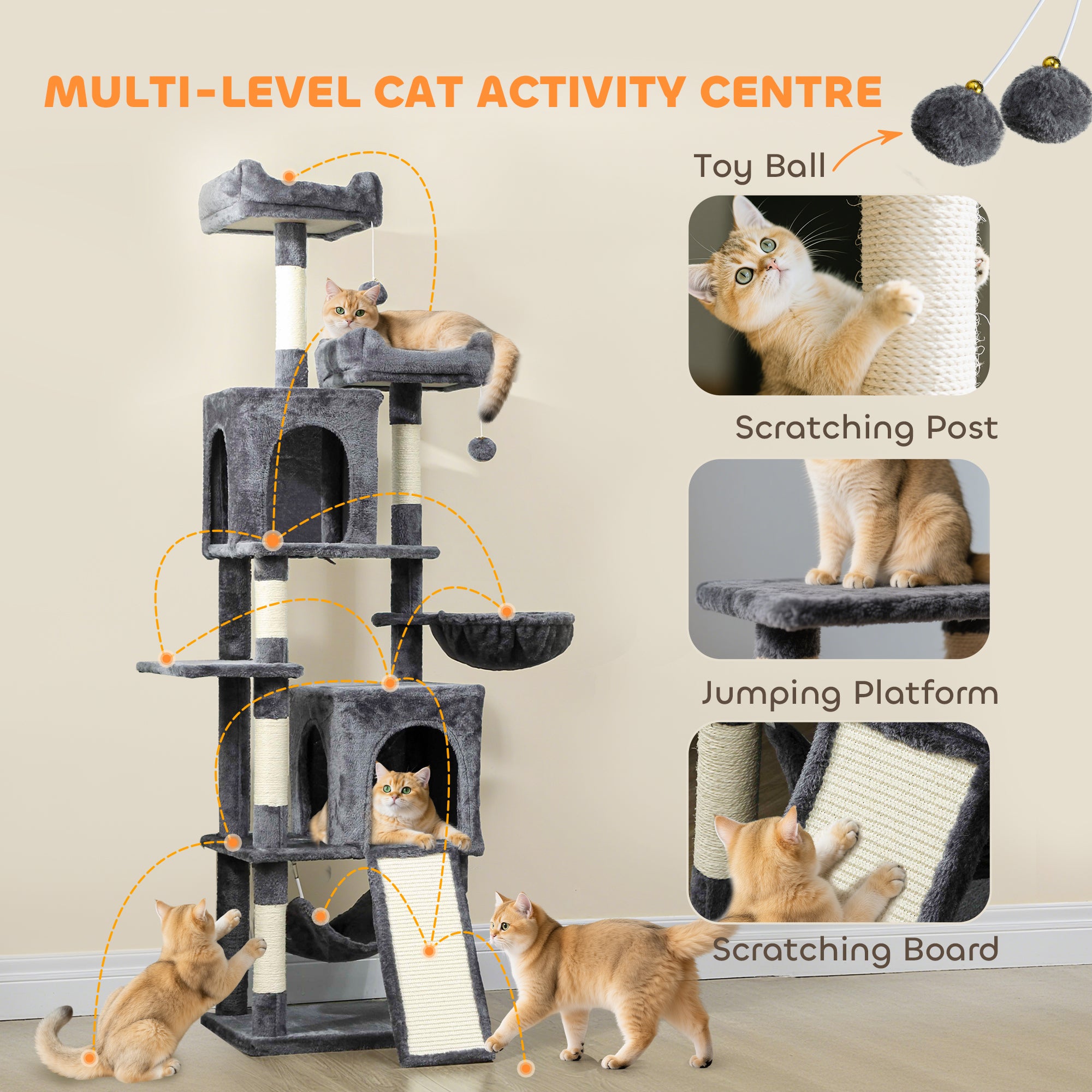 pawhut-arbre-chat-177-cm-avec-2-niches-2-perchoirs-et-hamac-gris-fonc image 6