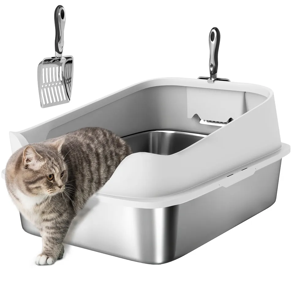 pawhut-bac-liti-re-chat-inox-avec-pelle-bords-hauts-60-cm-gris image 1