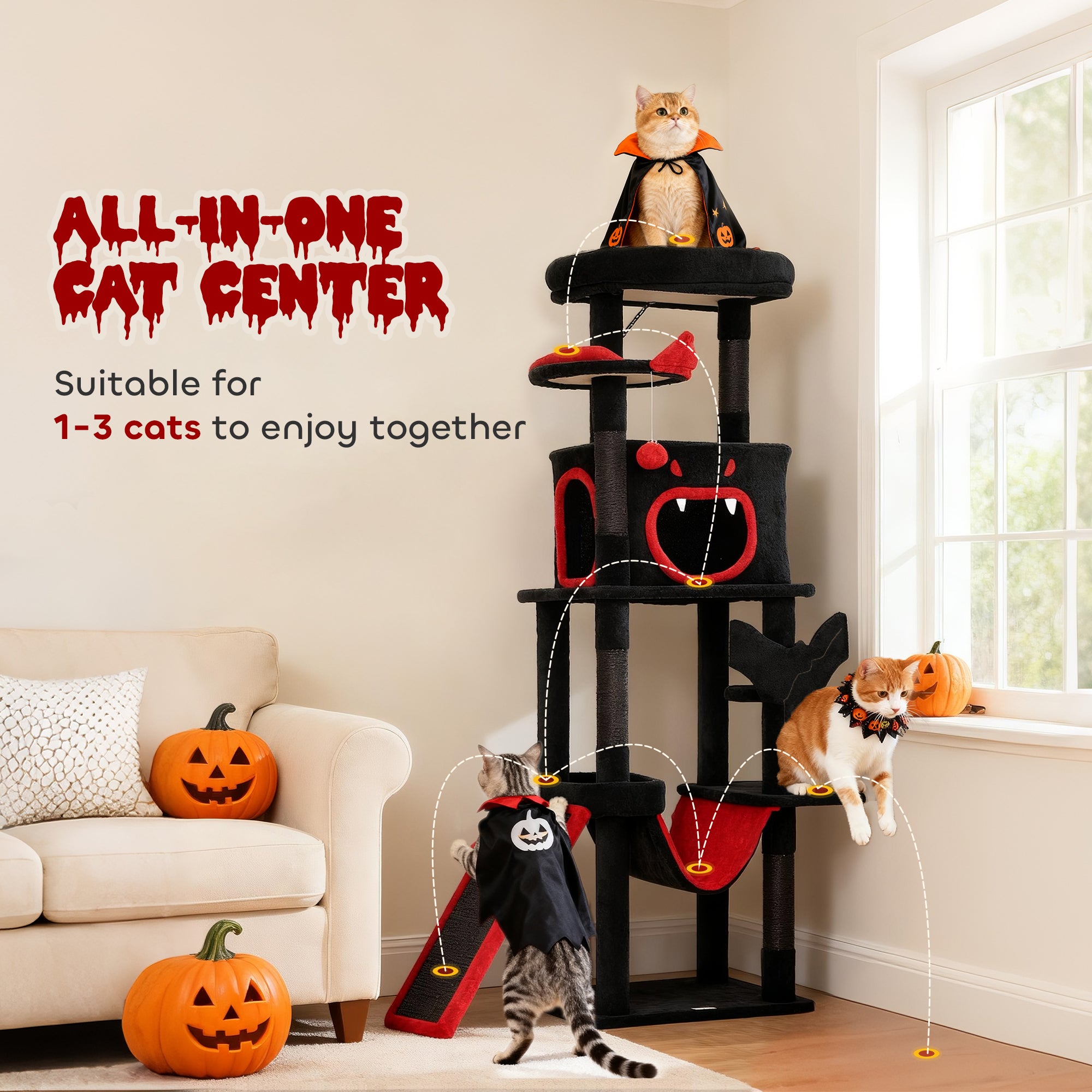 pawhut-arbre-chat-gothique-halloween-hideaway-152-cm-noir-et-rouge image 6