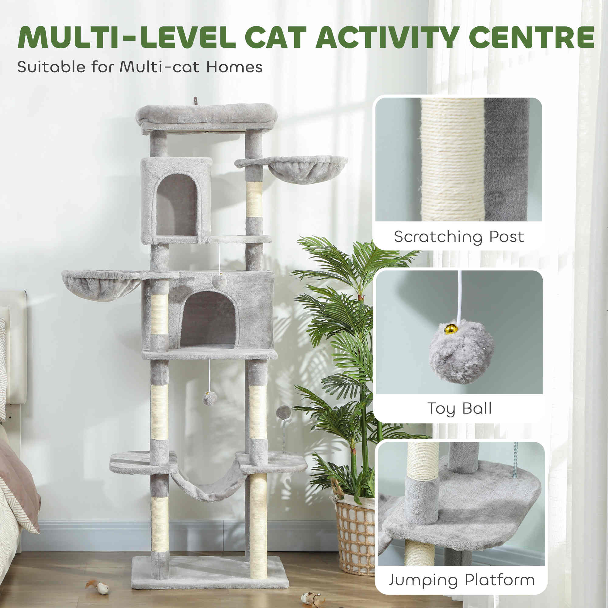 pawhut-arbre-chat-69-175-cm-avec-2-niches-3-hamacs-et-perchoirs-gris-clair image 6