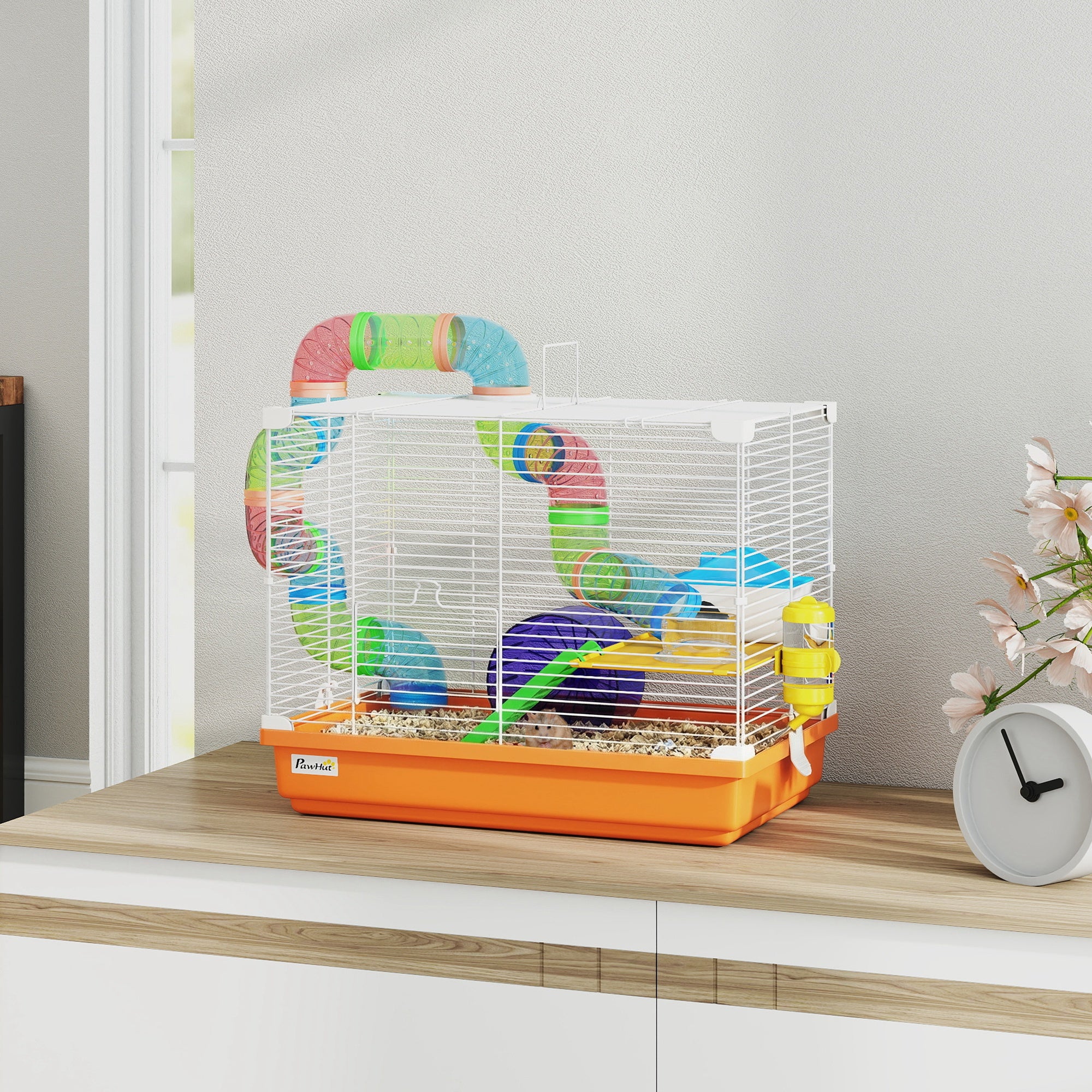 pawhut-cage-hamster-2-niveaux-18-avec-tunnels-et-accessoires-orange image 4