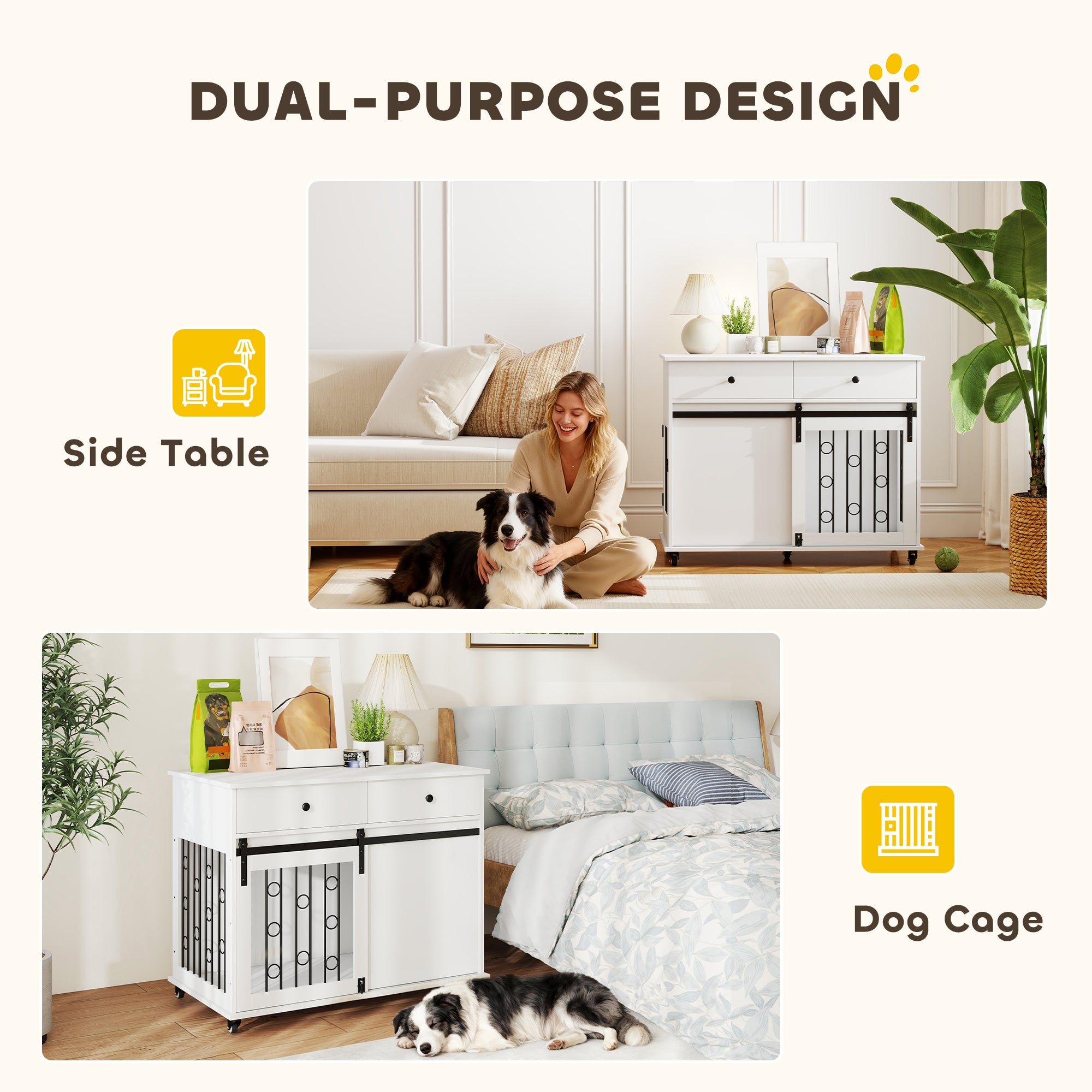 pawhut-meuble-cage-pour-chien-avec-2-tiroirs-roulettes-et-porte-coulissante-blan image 6