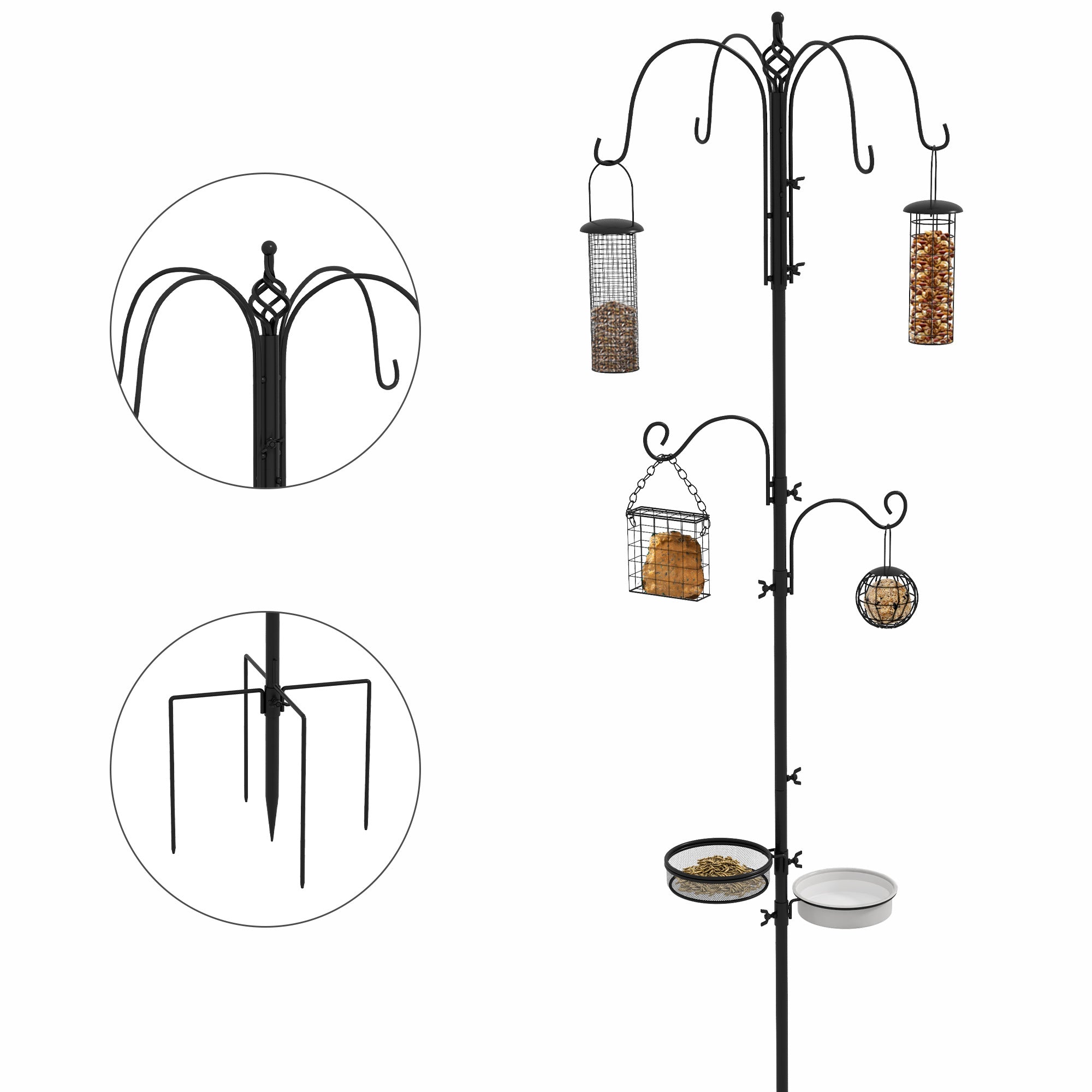 pawhut-station-d-alimentation-oiseaux-avec-6-crochets-et-4-mangeoires-noir image 1