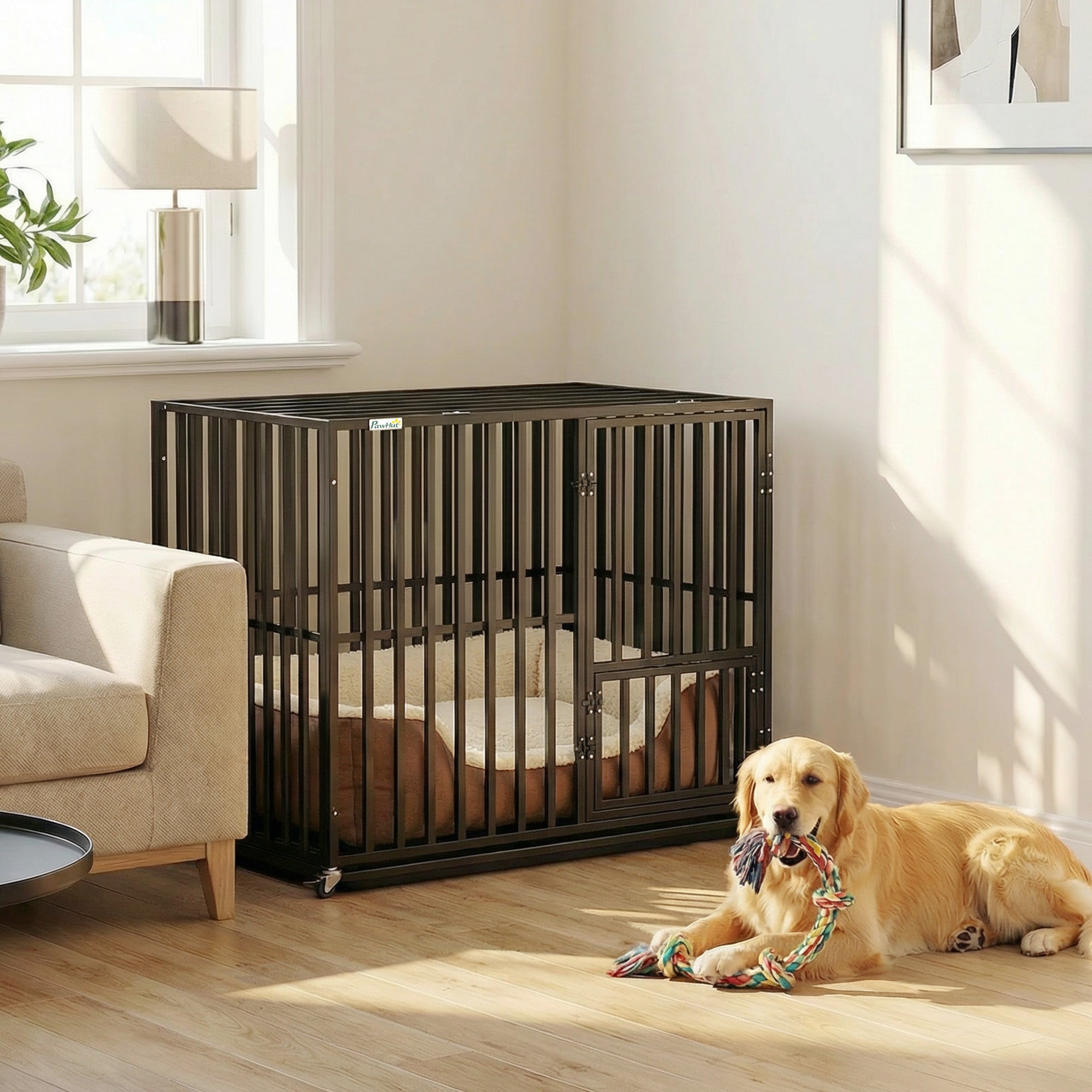 pawhut-cage-chien-robuste-roulettes-avec-plateau-et-dessus-ouvrant-95-x-57-x-81- image 3