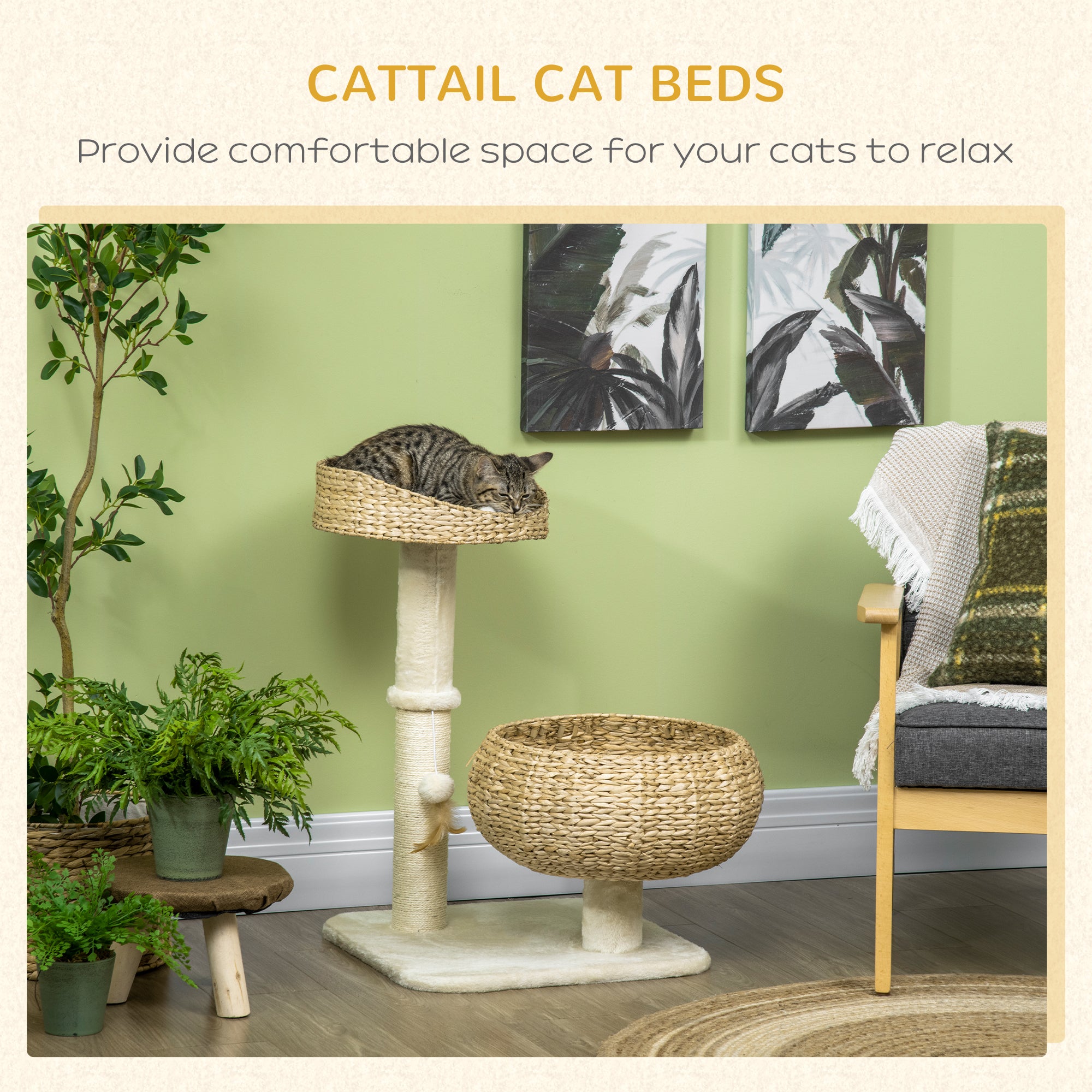 pawhut-arbre-chat-72-cm-maison-en-paille-tress-e-avec-griffoirs-et-coussins image 6