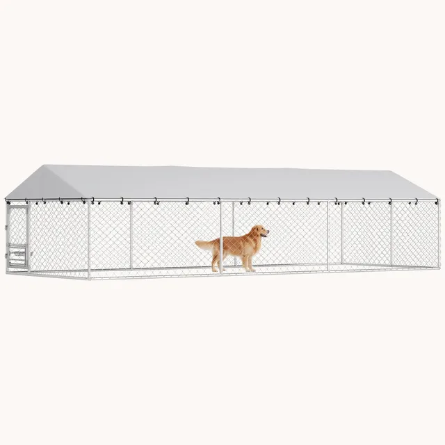 pawhut-enclos-ext-rieur-pour-chien-avec-toit-gamelles-rotatives-et-double-verrou image 1