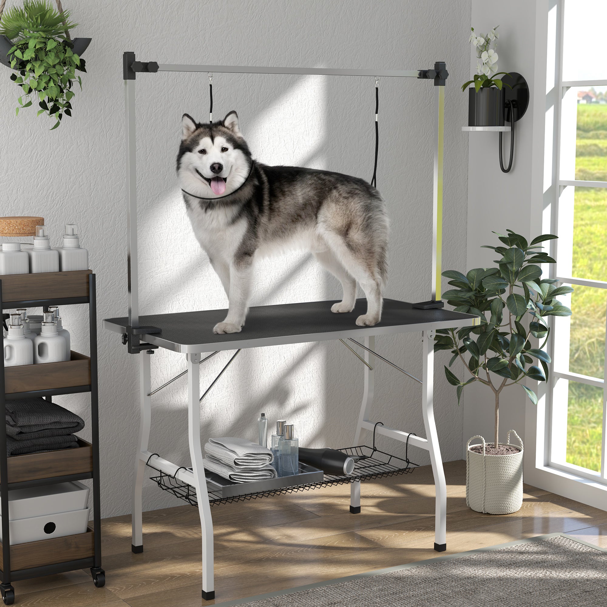 pawhut-table-de-toilettage-chien-pliable-106-cm-avec-bras-r-glable-et-tag-re-noi image 4