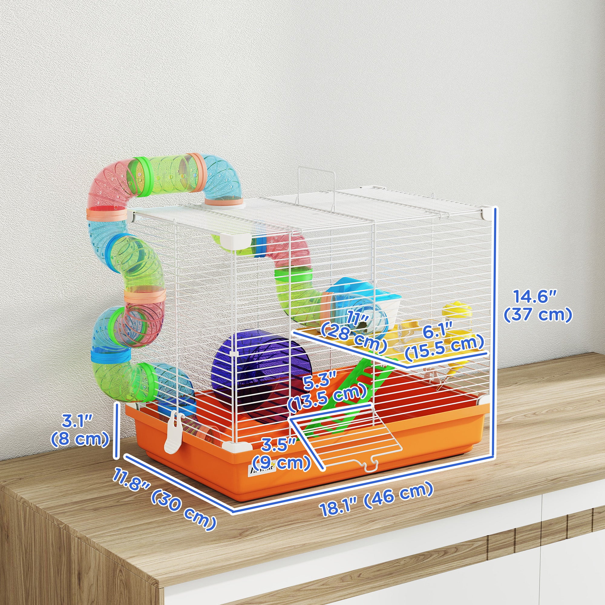 pawhut-cage-hamster-2-niveaux-18-avec-tunnels-et-accessoires-orange image 5