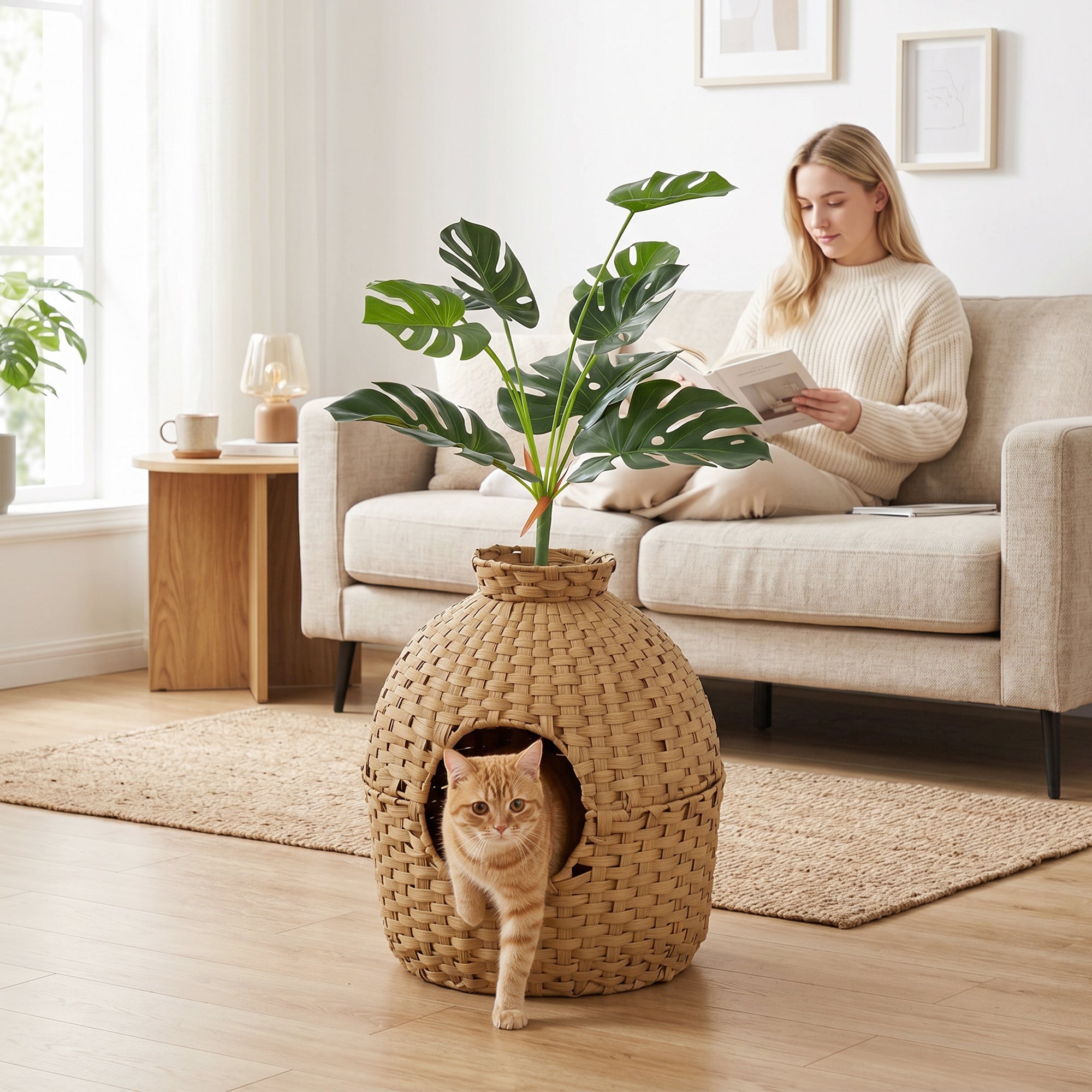 pawhut-meuble-liti-re-chat-cach-e-avec-fausse-plante-et-bac-inox image 3