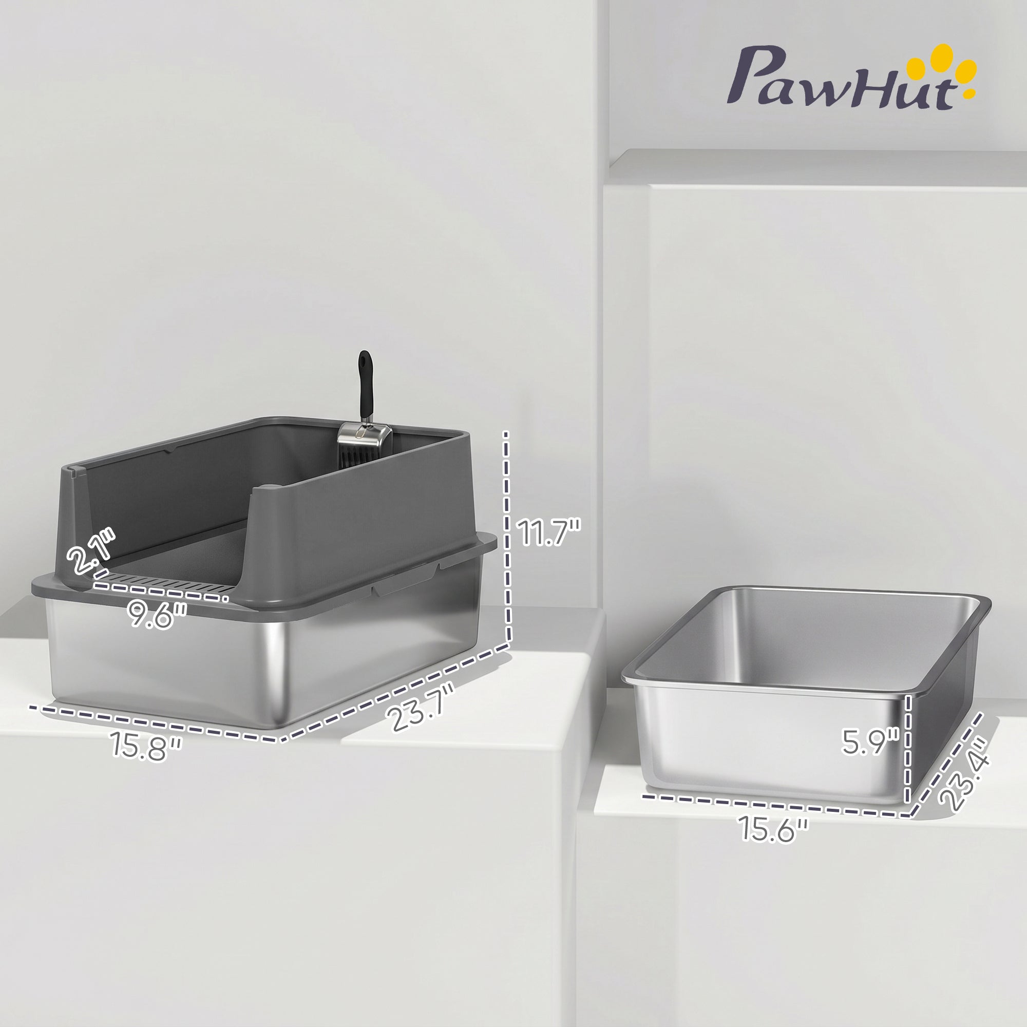 pawhut-liti-re-pour-chat-xl-en-acier-inoxydable-bords-hauts-avec-pelle-et-tapis- image 5