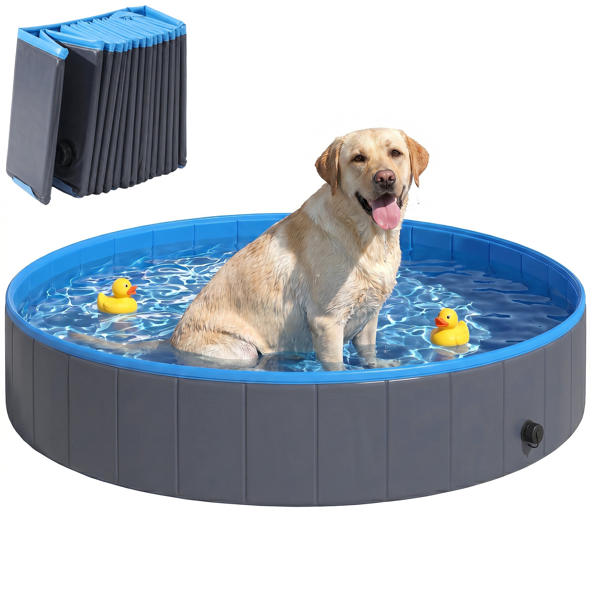 pawhut-piscine-pliable-pour-chien-en-pvc-160-x-30-cm-bleu-et-gris-fonc-avec-base image 1