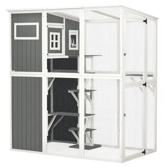pawhut-catio-en-bois-walk-in-66-5-pouces-avec-condo-plateformes-et-toit-pvc-gris image 1
