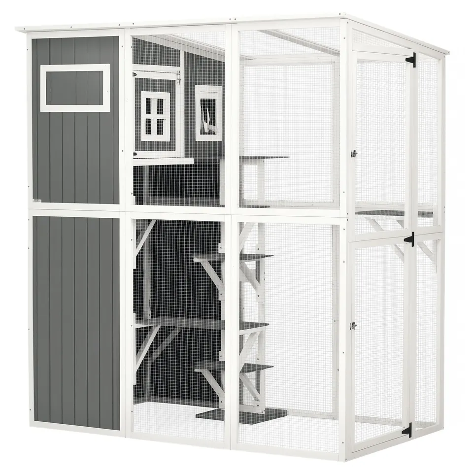 pawhut-catio-en-bois-walk-in-66-5-pouces-avec-condo-plateformes-et-toit-pvc-gris image 1