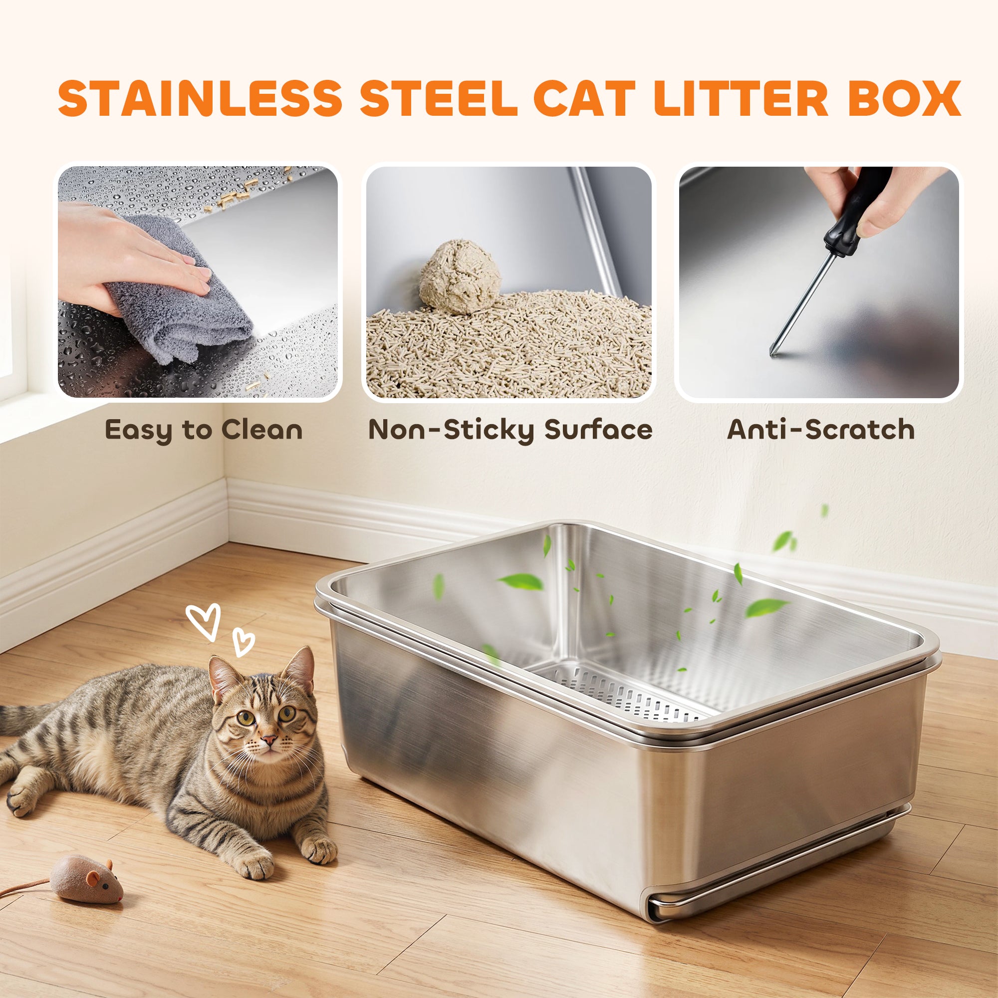 pawhut-bac-liti-re-pour-chat-tamisant-xl-en-acier-inoxydable-bords-hauts-argent image 8