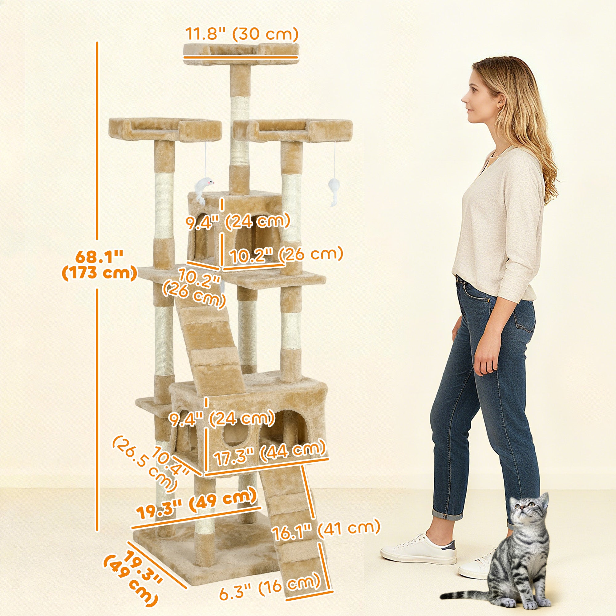 pawhut-arbre-chat-68-pouces-avec-2-niches-perchoirs-et-griffoirs-marron-clair image 5