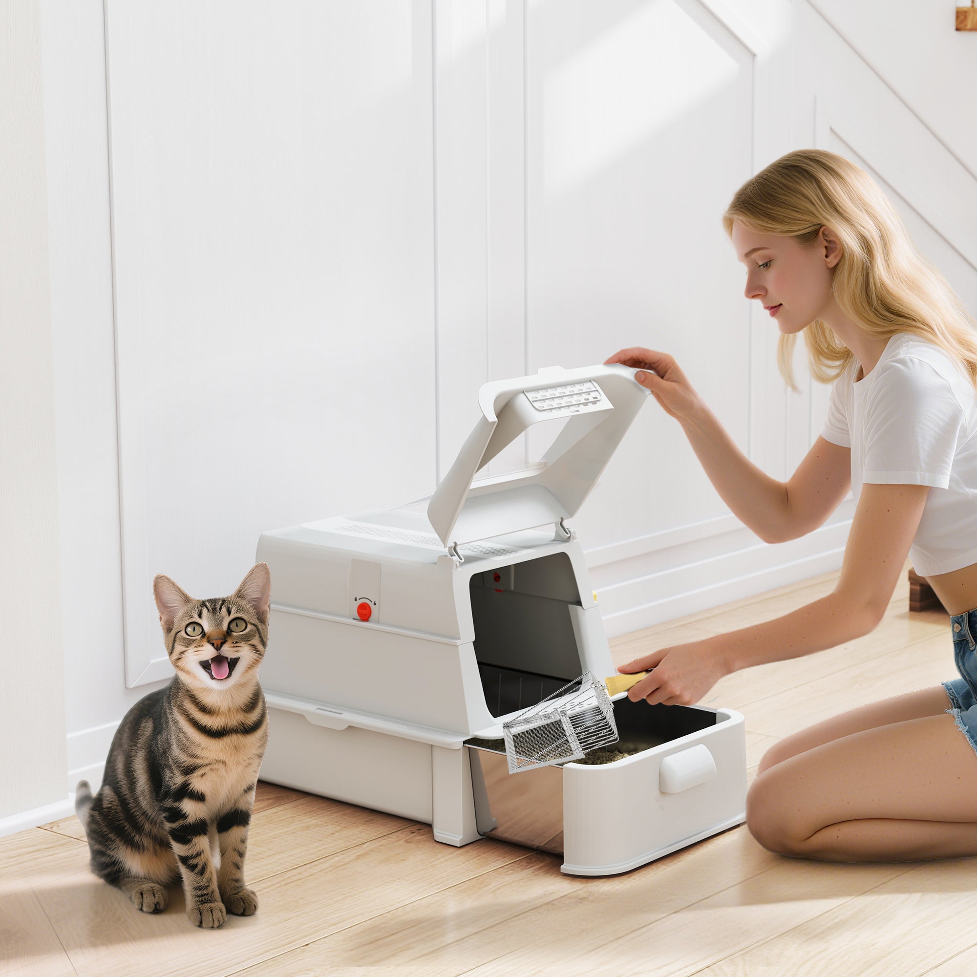 pawhut-bac-liti-re-inox-xl-avec-couvercle-et-tiroir-amovible-gris-clair image 3