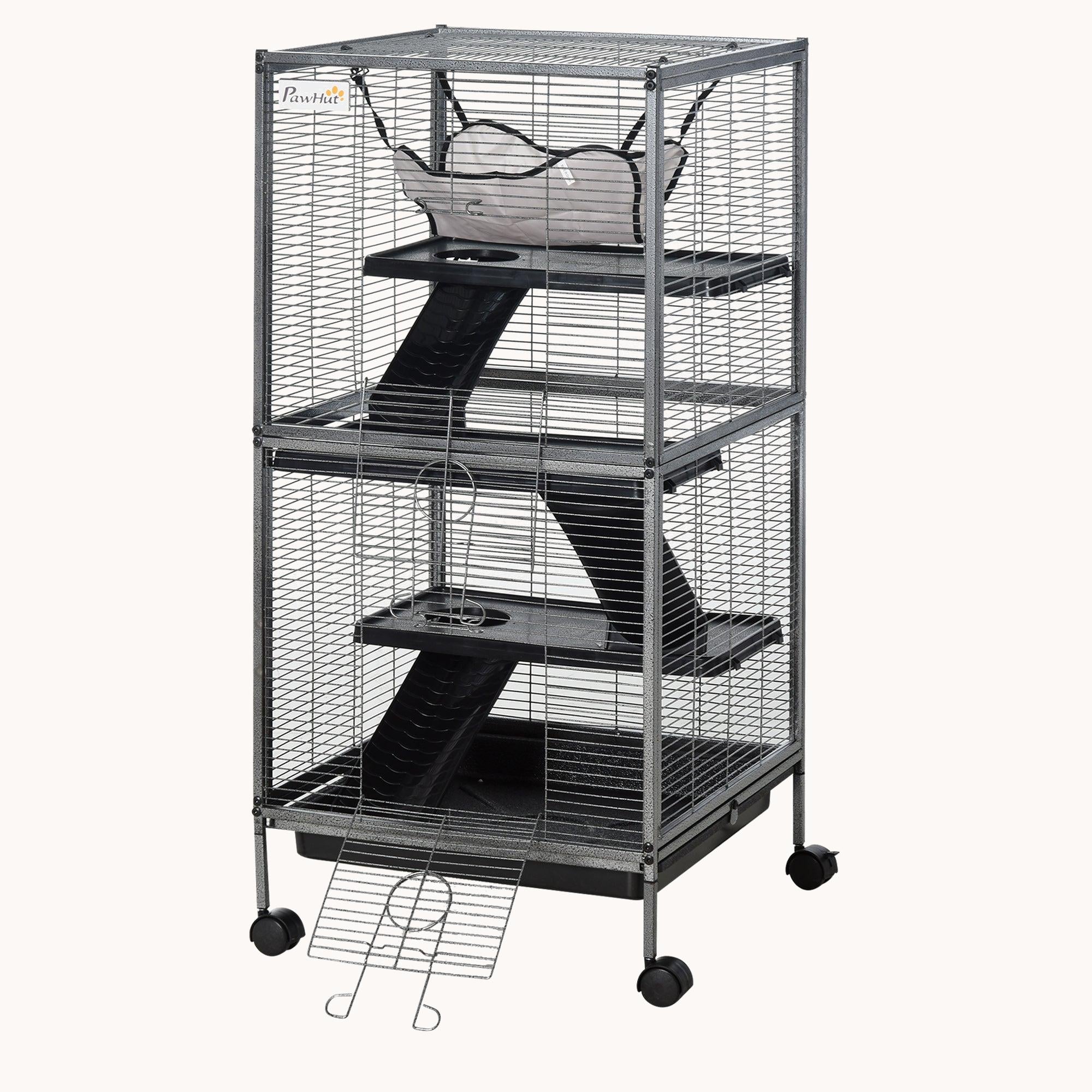 pawhut-cage-petits-animaux-4-tages-roulettes-avec-hamac-gris image 3