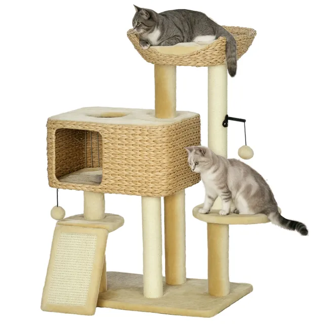 pawhut-arbre-chat-98-cm-avec-niche-rampe-et-griffoirs-beige image 1