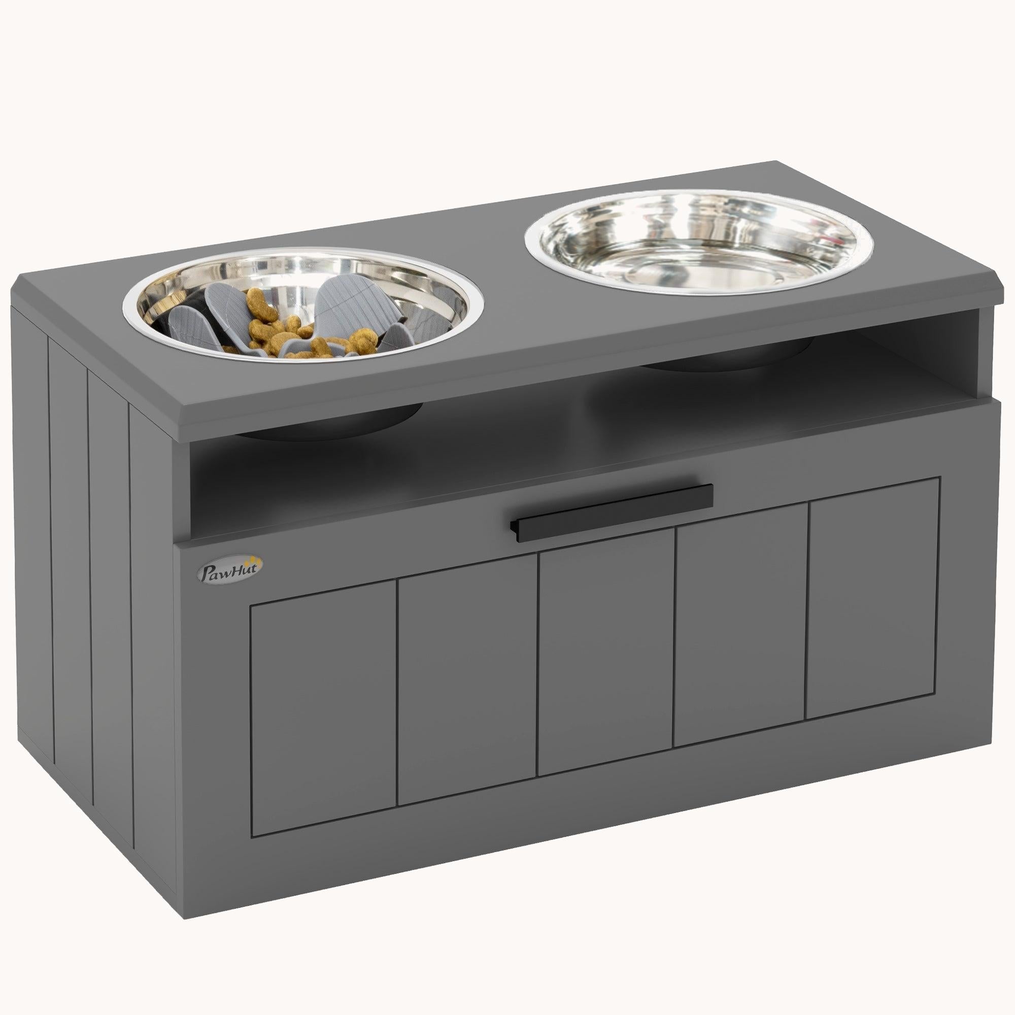 pawhut-station-d-alimentation-sur-lev-e-grise-2-bols-inox-tiroir-25l-et-tapis-sl image 1