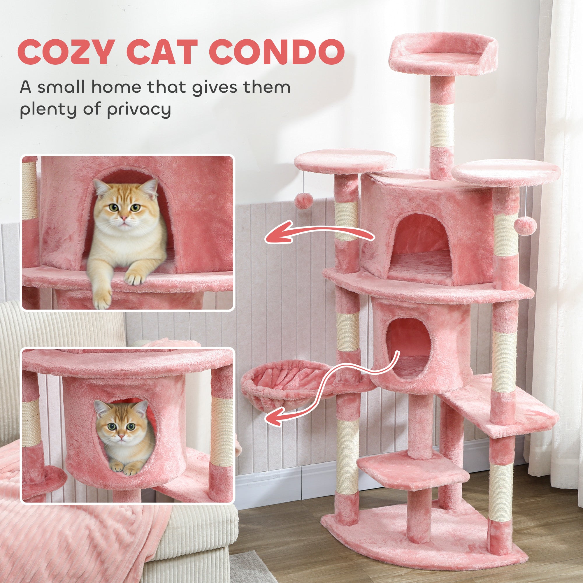 pawhut-arbre-chat-157-cm-2-niches-hamac-et-perchoirs-rose image 7