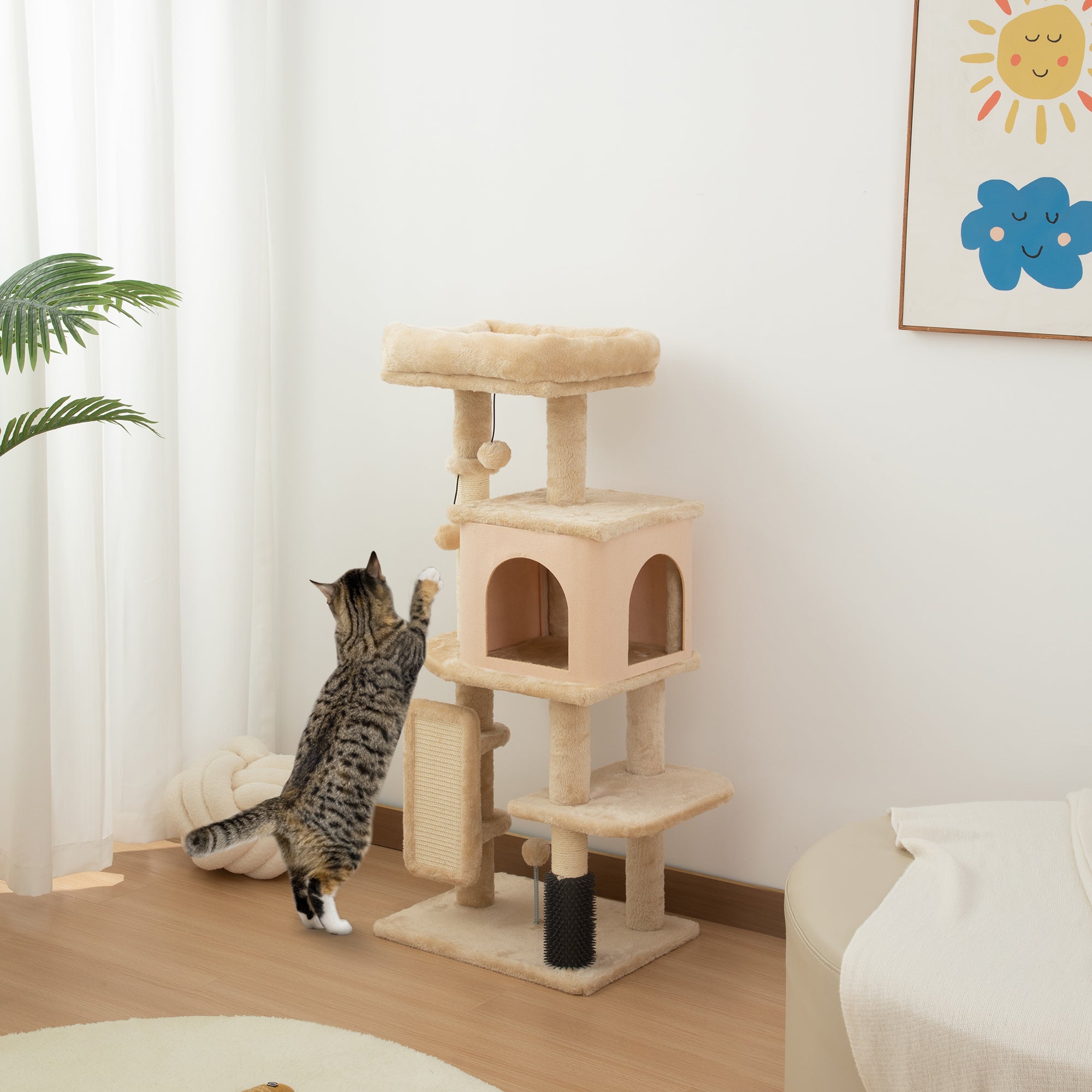 pawhut-arbre-chat-104-cm-avec-niche-couchage-griffoirs-et-brosse-beige image 4