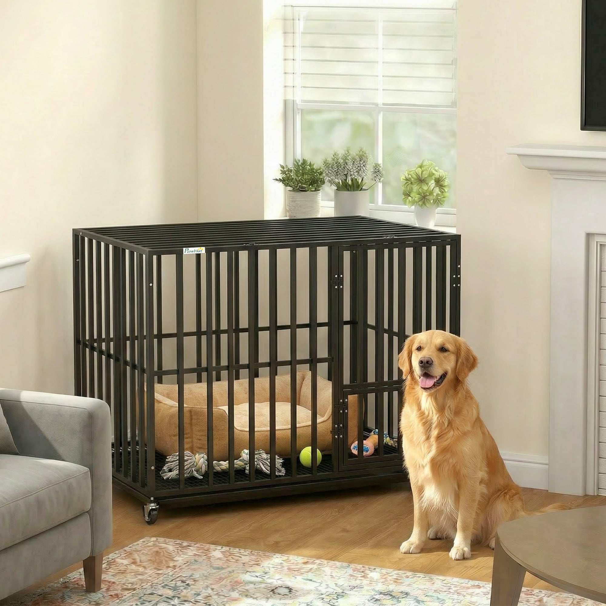 pawhut-cage-m-tallique-robuste-pour-chien-avec-roulettes-et-plateau-107-x-69-x-8 image 4