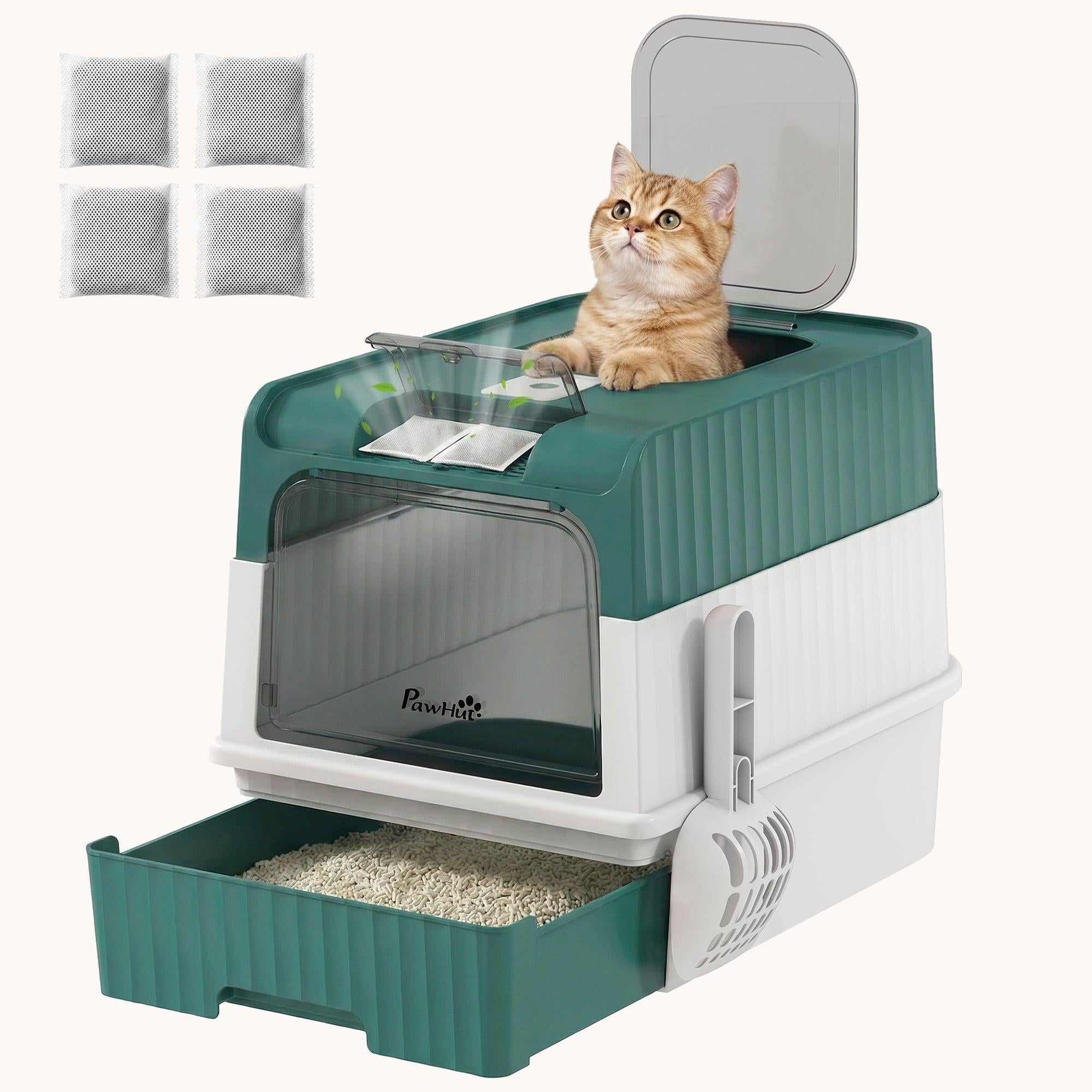 pawhut-bac-liti-re-pour-chat-ferm-avec-tiroir-pelle-et-sortie-haute-turquoise image 1
