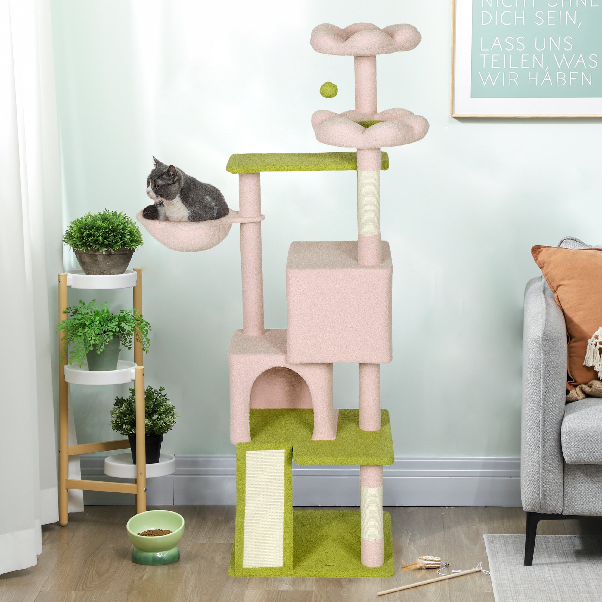 pawhut-arbre-chat-fleur-157-cm-avec-2-niches-2-paniers-fleur-et-hamac-rose image 4