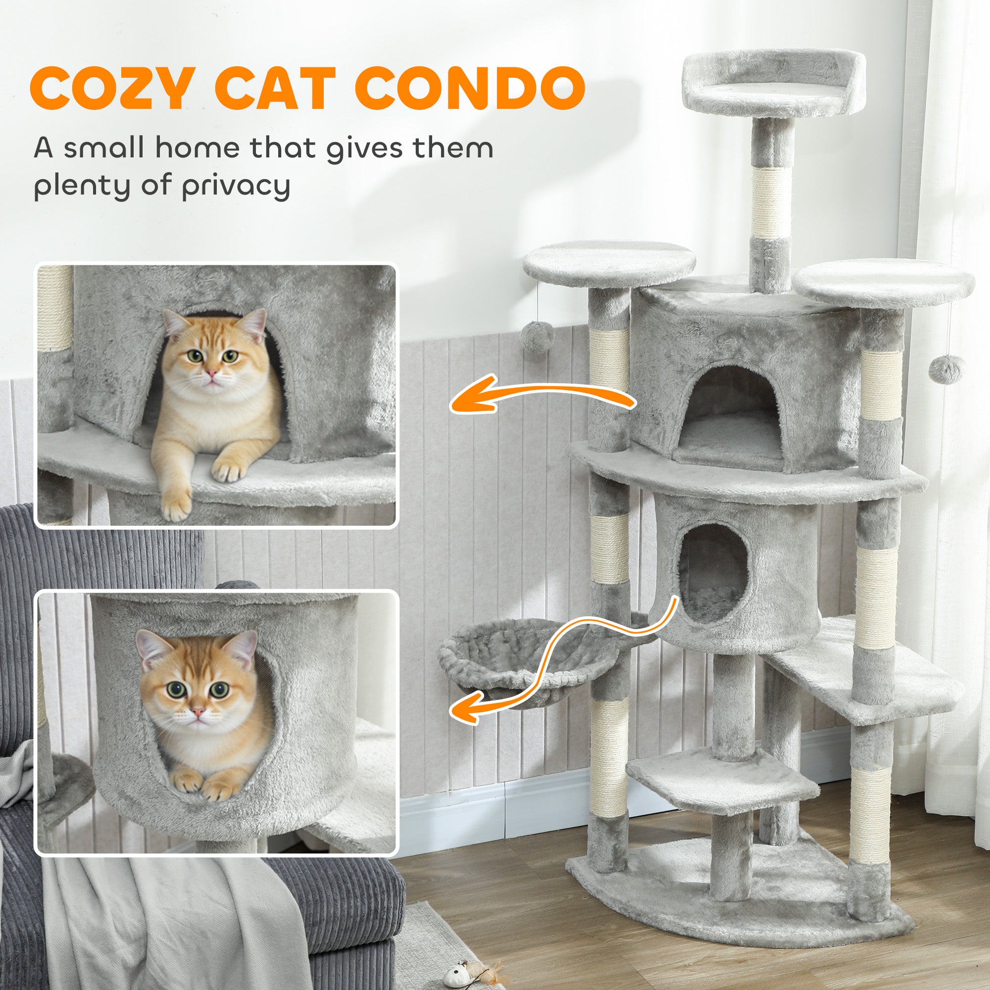 pawhut-arbre-chat-157-cm-2-niches-hamac-et-perchoirs-gris-clair image 7