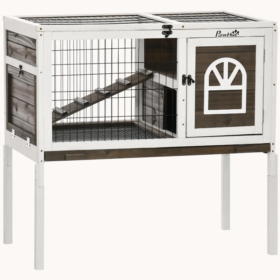 pawhut-clapier-lapin-sur-lev-bois-caf-avec-toit-ouvrant-et-plateau image 1