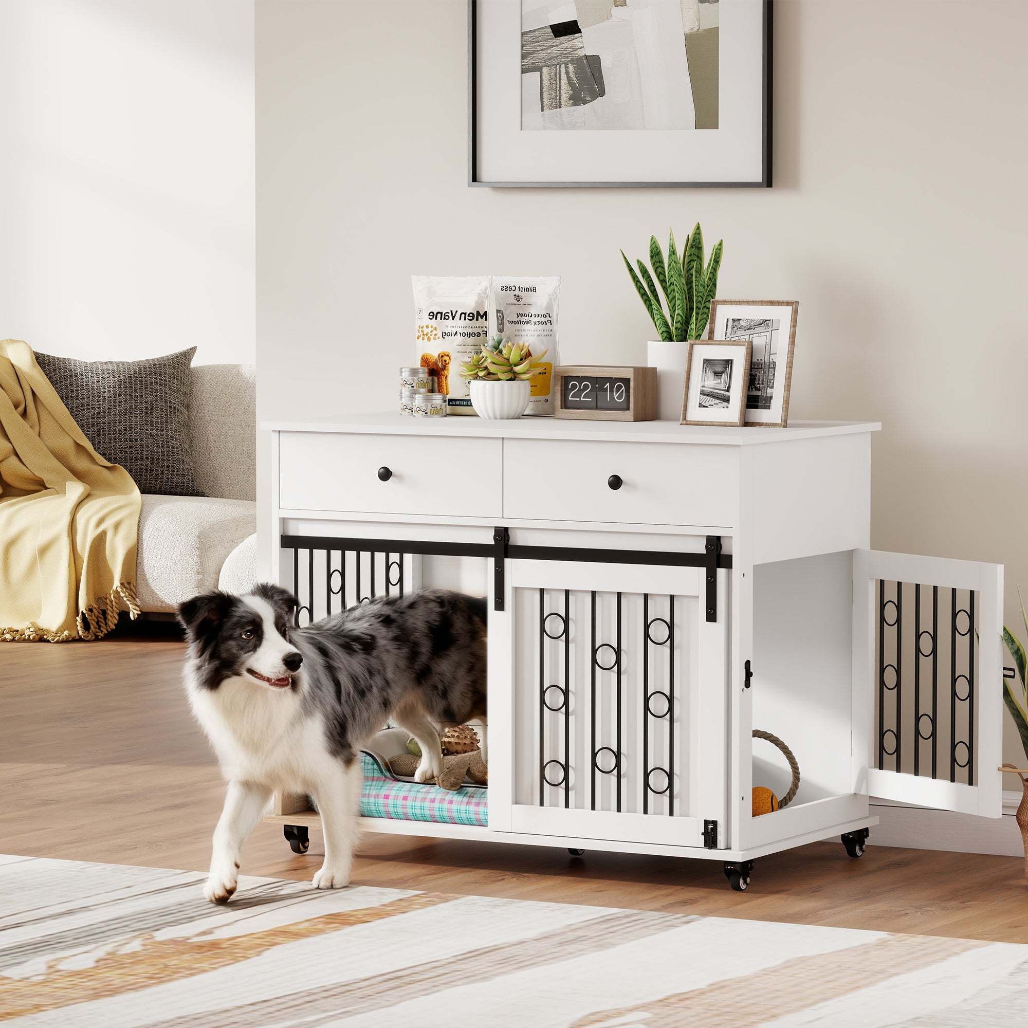 pawhut-meuble-cage-pour-chien-avec-2-tiroirs-roulettes-et-porte-coulissante-blan image 4