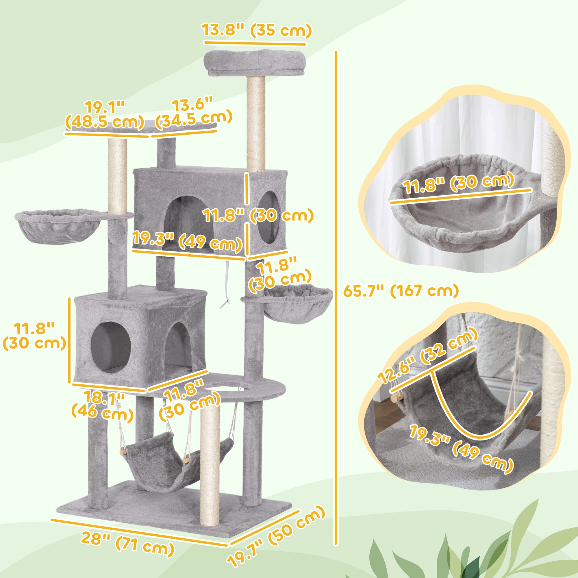 pawhut-arbre-chat-66-avec-2-niches-3-hamacs-et-perchoir-gris-clair image 5