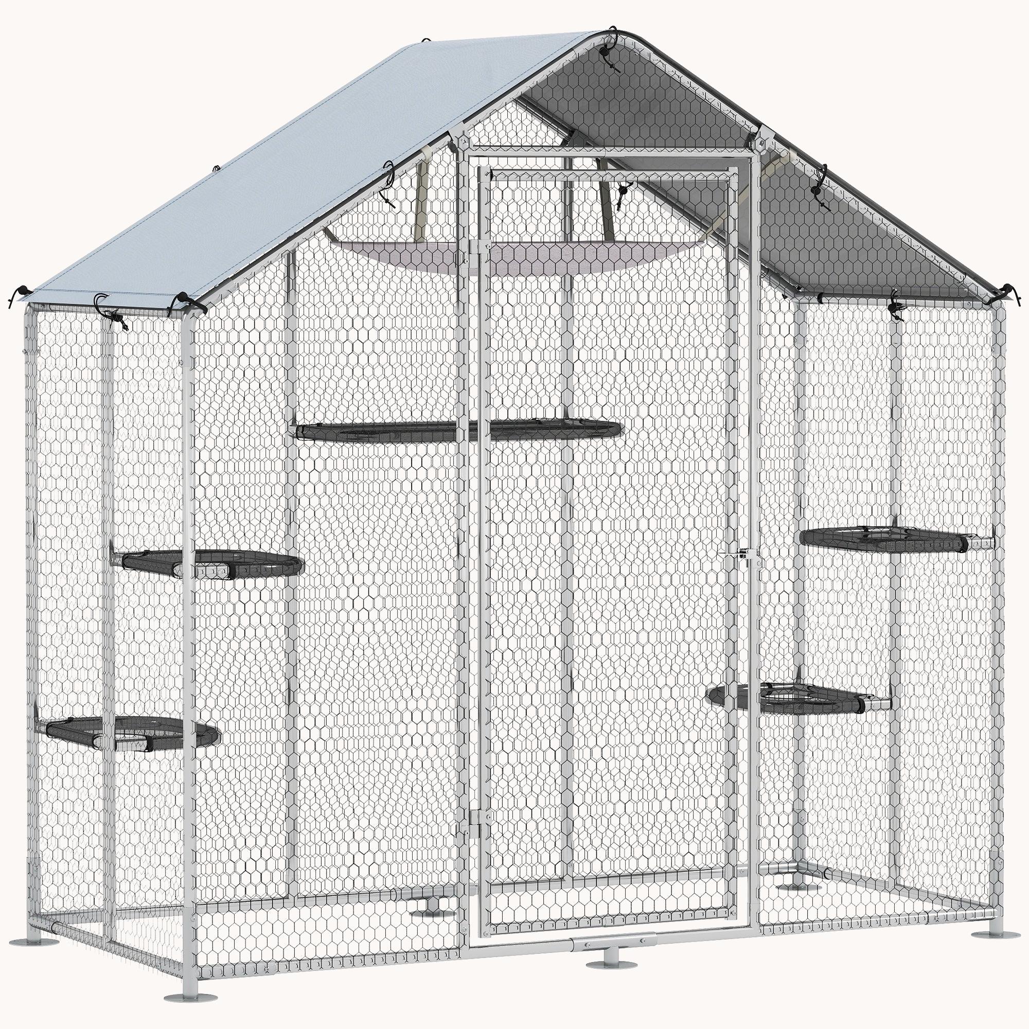 pawhut-catio-enclos-chat-walk-in-m-tal-77-avec-5-plateformes-et-hamac-argent image 1