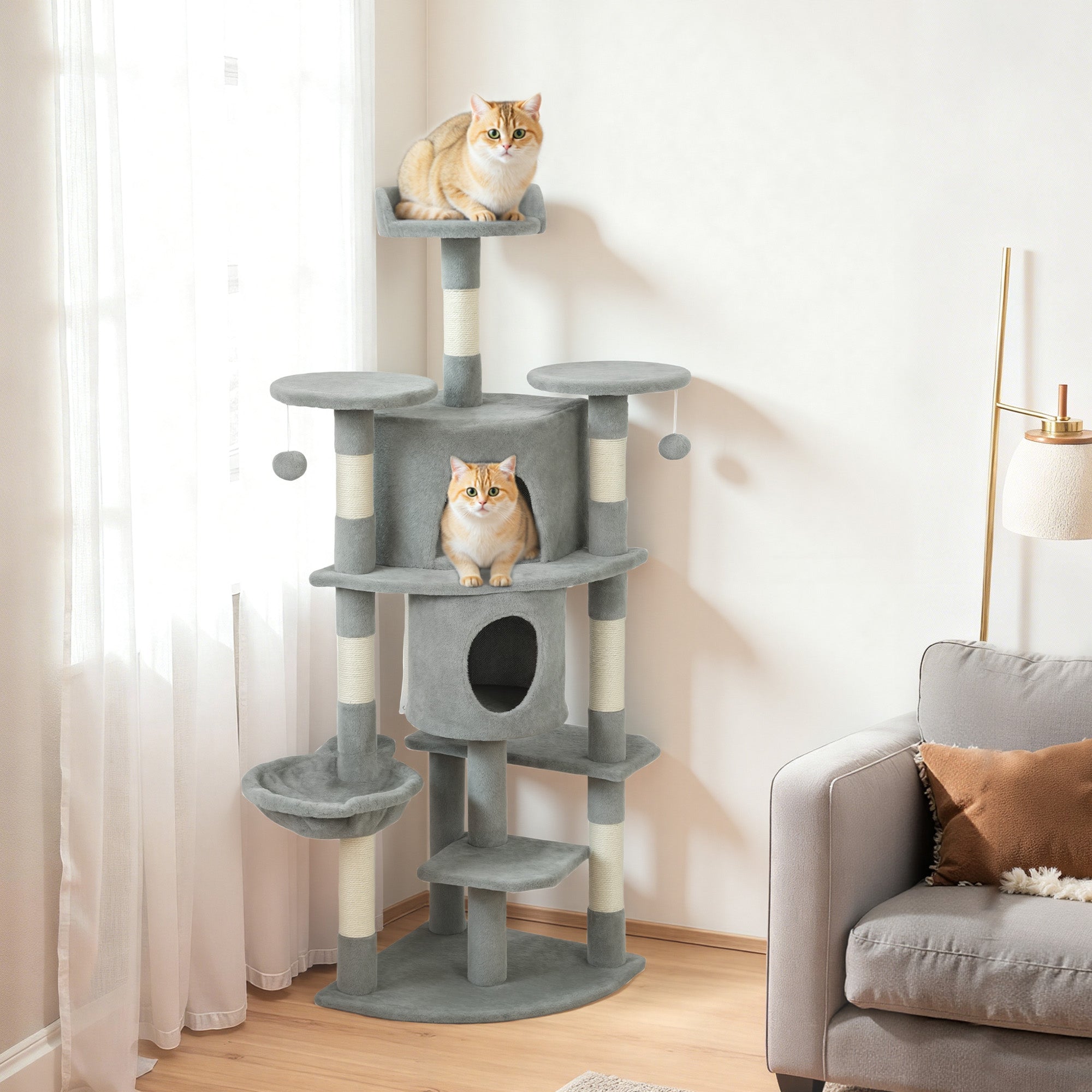 pawhut-arbre-chat-157-cm-2-niches-hamac-et-perchoirs-gris-clair image 4