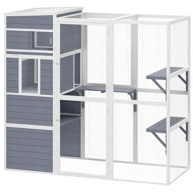 pawhut-catio-ext-rieur-4-niveaux-enclos-chats-avec-parc-gris image 1
