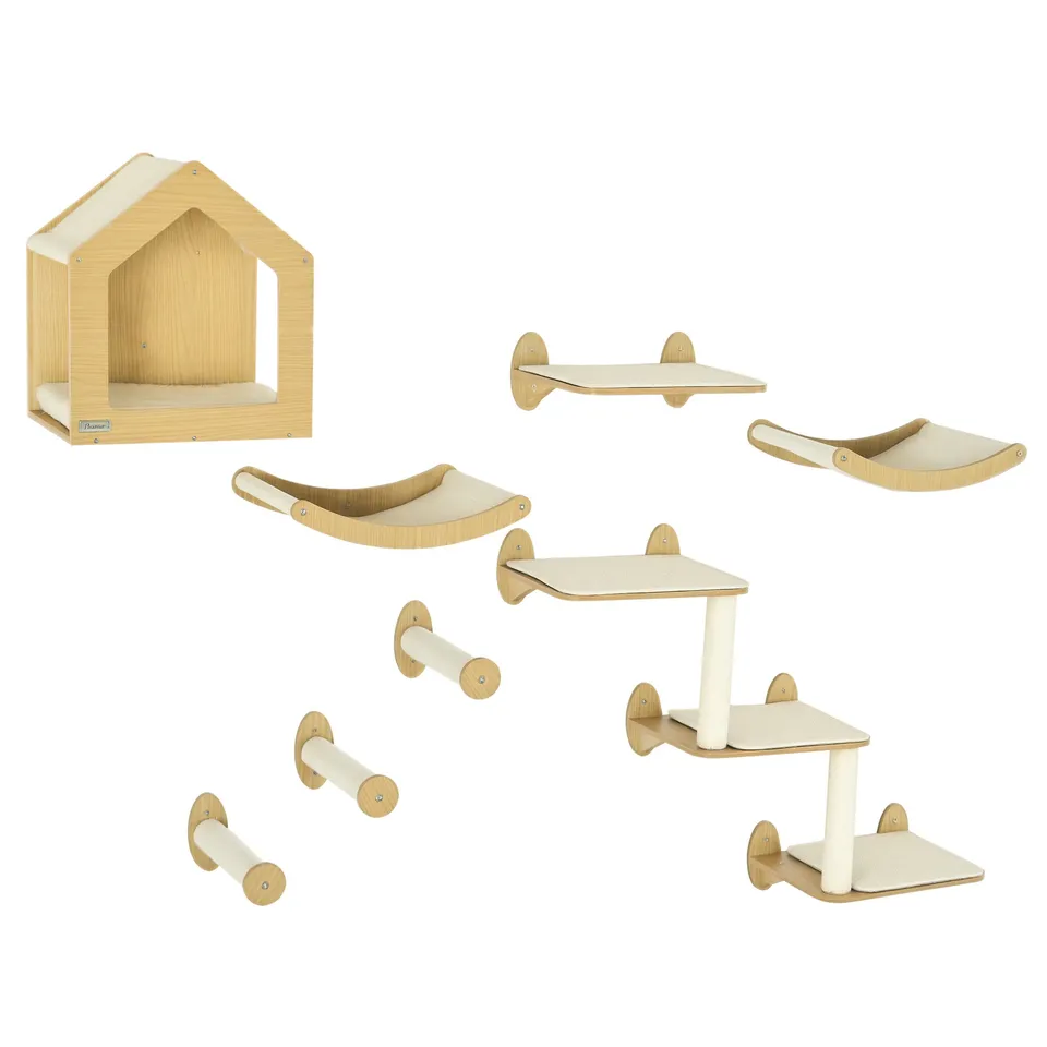 pawhut-ensemble-8-pi-ces-tag-res-murales-pour-chat-avec-niche-3-perchoirs-beige image 1