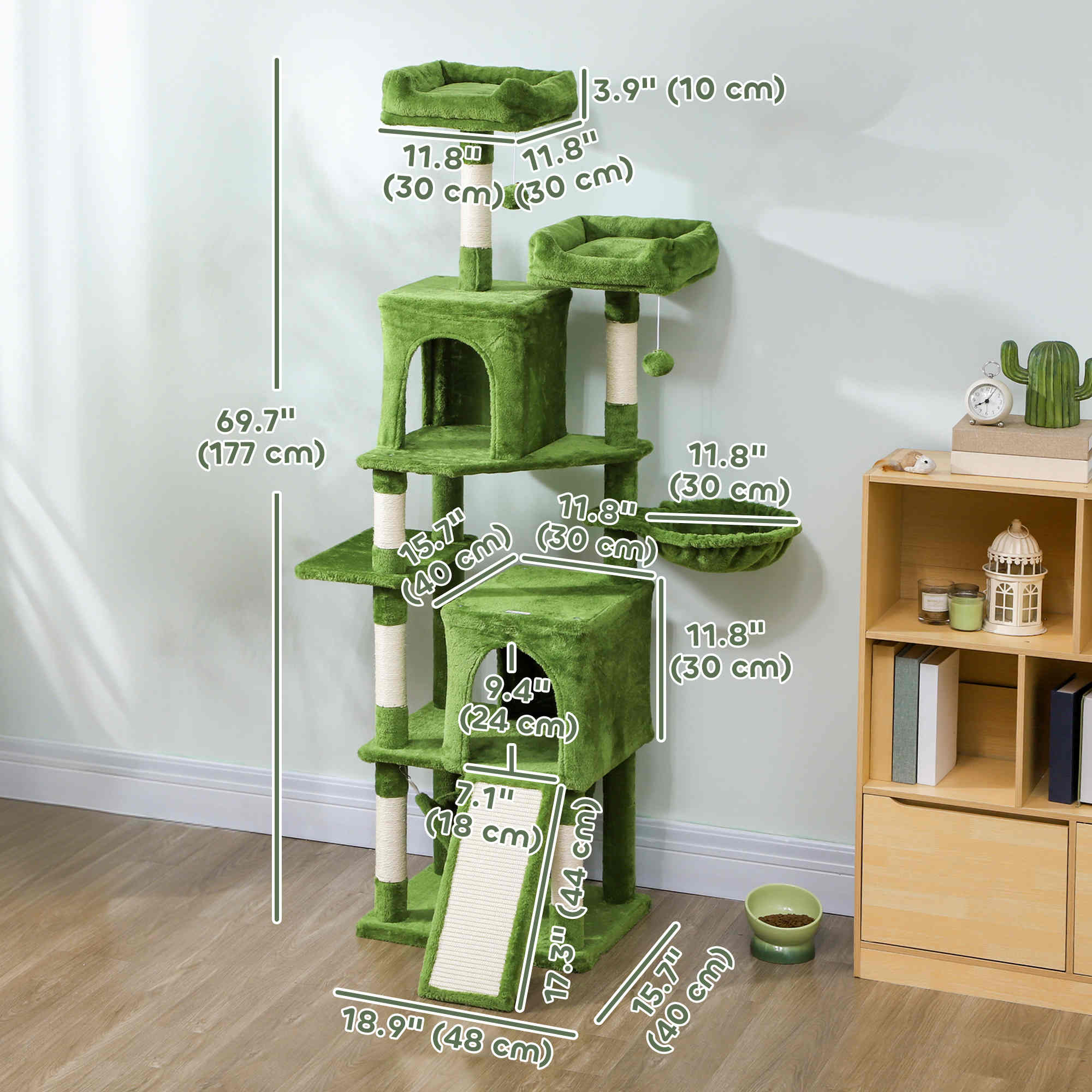 pawhut-arbre-chat-177-cm-avec-2-niches-2-perchoirs-et-hamac-vert image 5