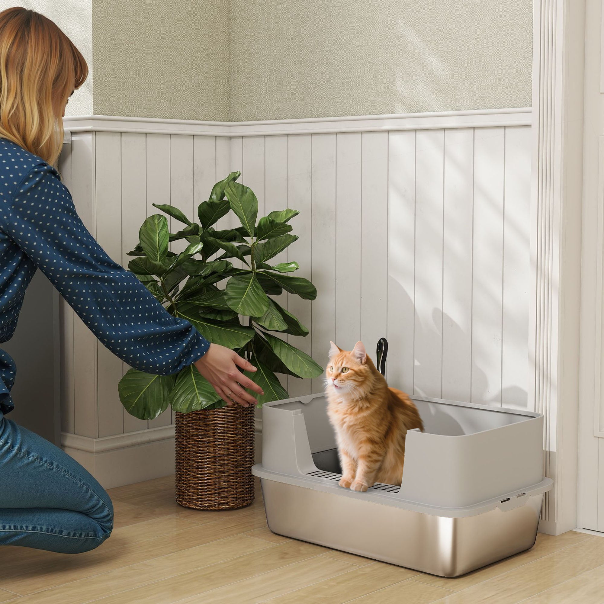 pawhut-bac-liti-re-xl-en-inox-avec-pelle-bords-hauts-gris image 3