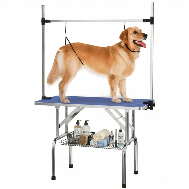 pawhut-table-de-toilettage-pliable-pour-chien-107x60x170cm-plateau-caoutchouc-bl image 1