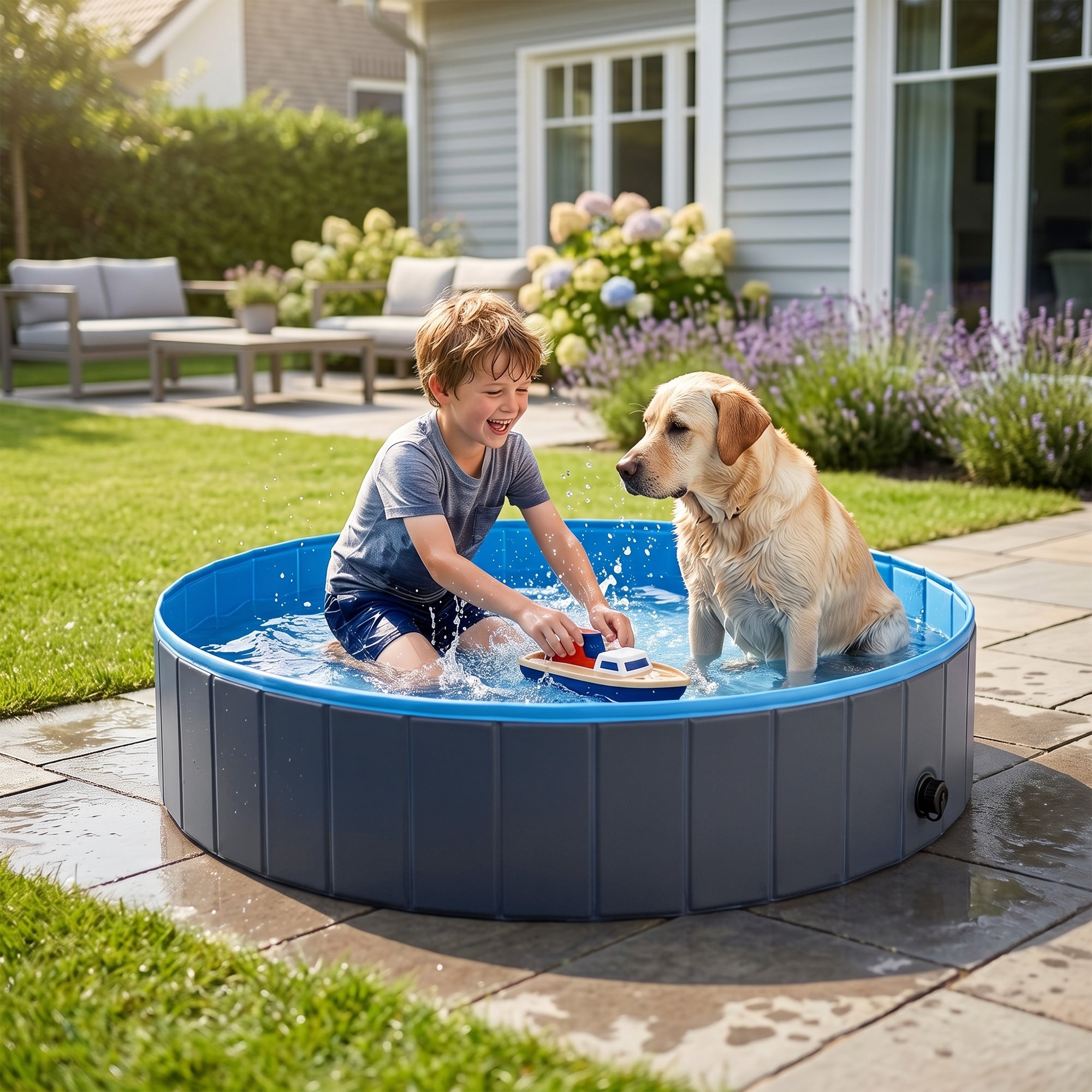 pawhut-piscine-pliable-pour-chien-en-pvc-160-x-30-cm-bleu-et-gris-fonc-avec-base image 4