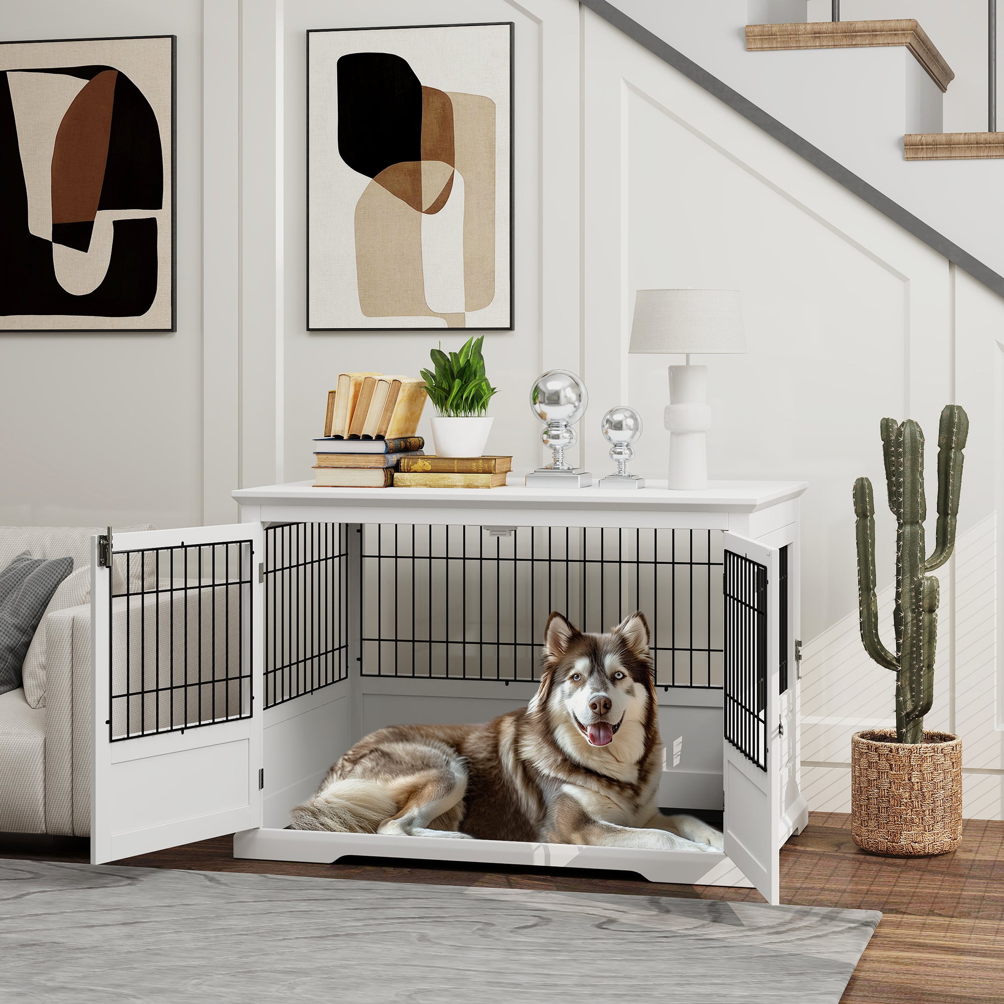pawhut-niche-caisse-meuble-pour-chien-xl-3-portes-avec-plateau-blanc image 4