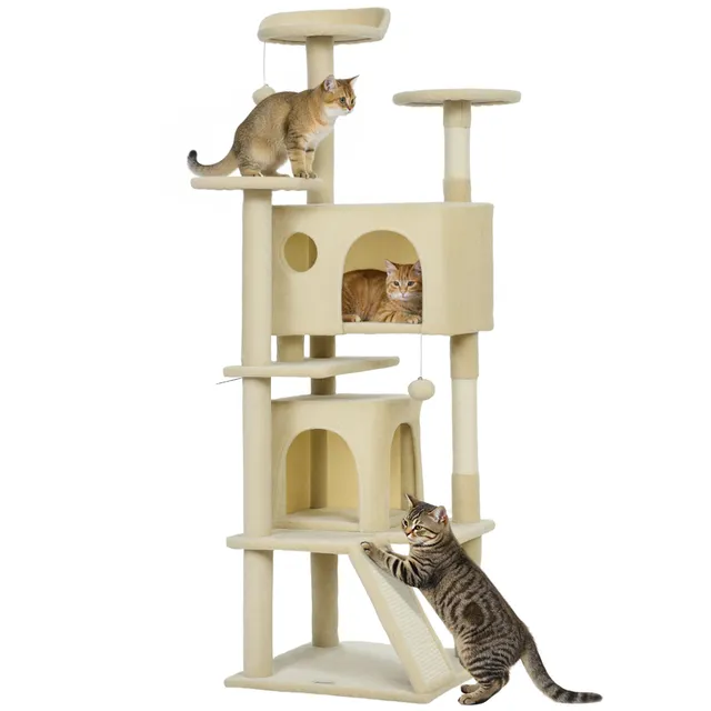 pawhut-arbre-chat-160-cm-avec-condos-lit-rampe-et-griffoirs-blanc-cr-me image 1