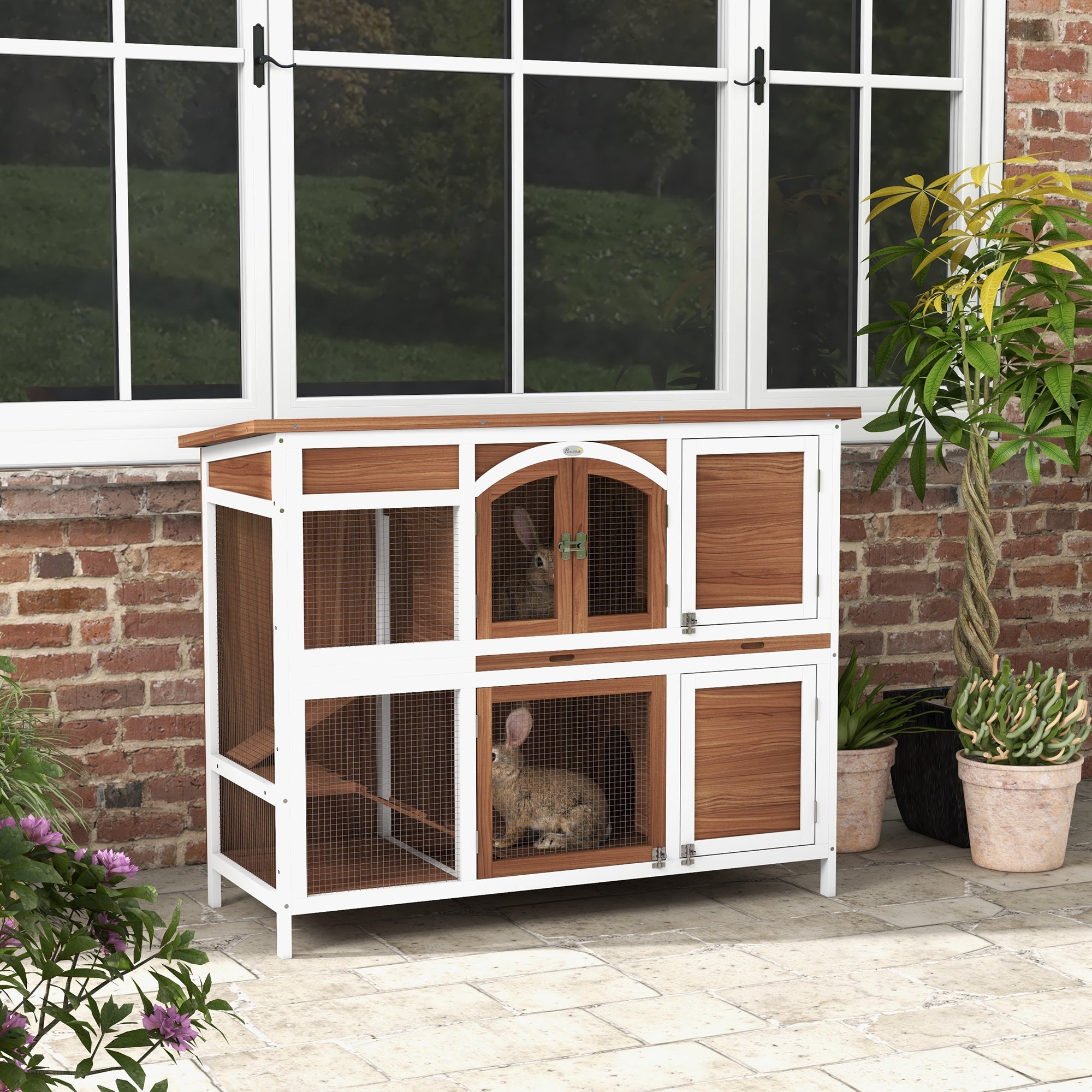 pawhut-clapier-lapin-2-tages-avec-rampe-s-parateur-et-tiroir-marron image 3
