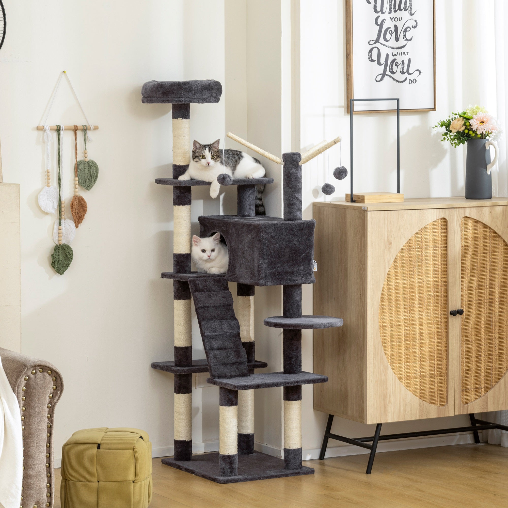 pawhut-arbre-chat-59-multi-niveaux-avec-niche-perchoir-et-chelle-gris-fonc image 3
