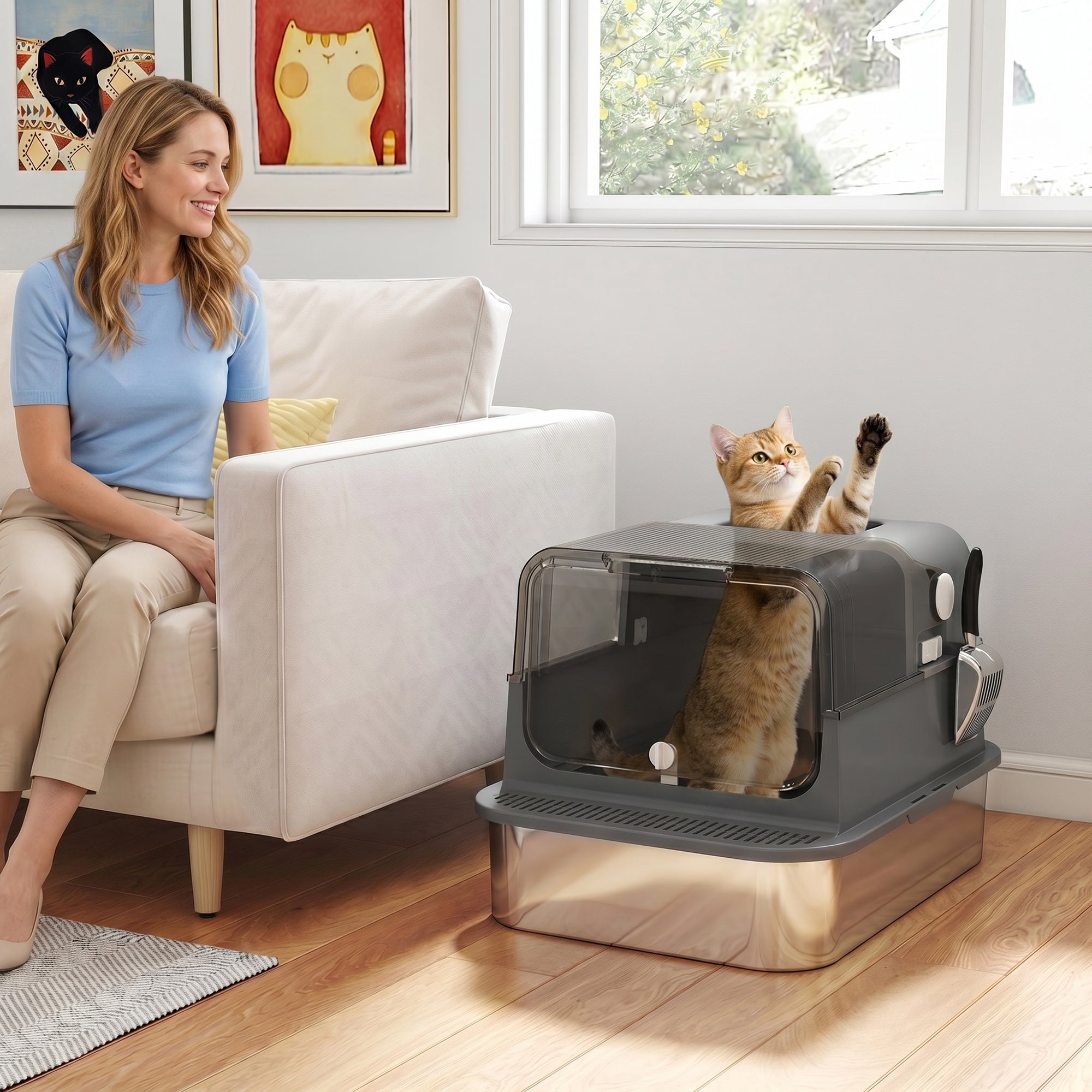 pawhut-bac-liti-re-chat-inox-xxl-ferm-avec-couvercle-70-cm-noir image 4