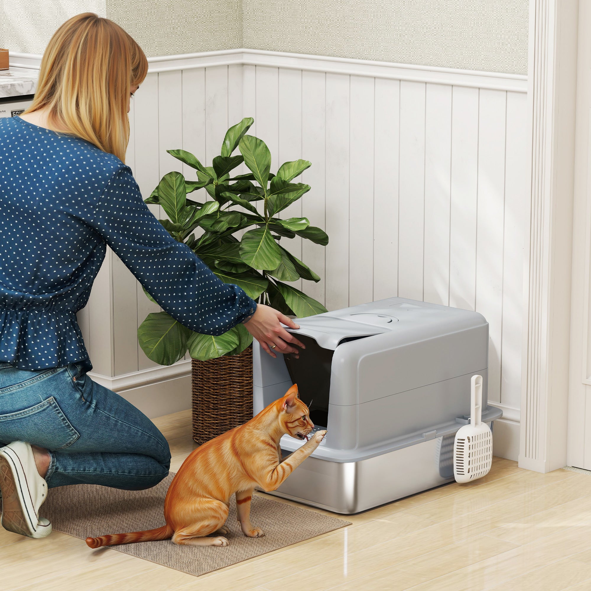 pawhut-bac-liti-re-chat-extra-large-inox-avec-couvercle-pelle-filtre-et-sacs image 3