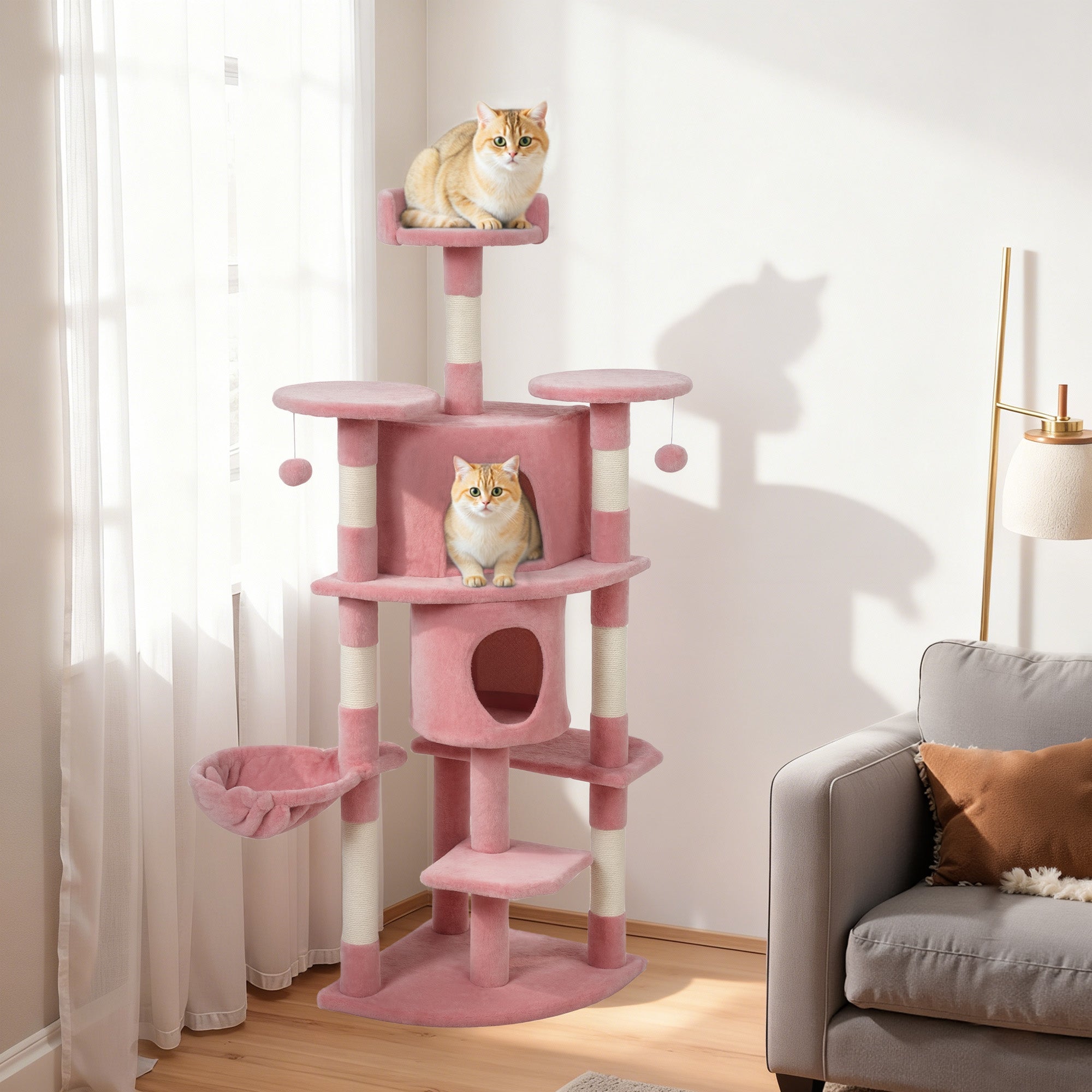 pawhut-arbre-chat-157-cm-2-niches-hamac-et-perchoirs-rose image 4