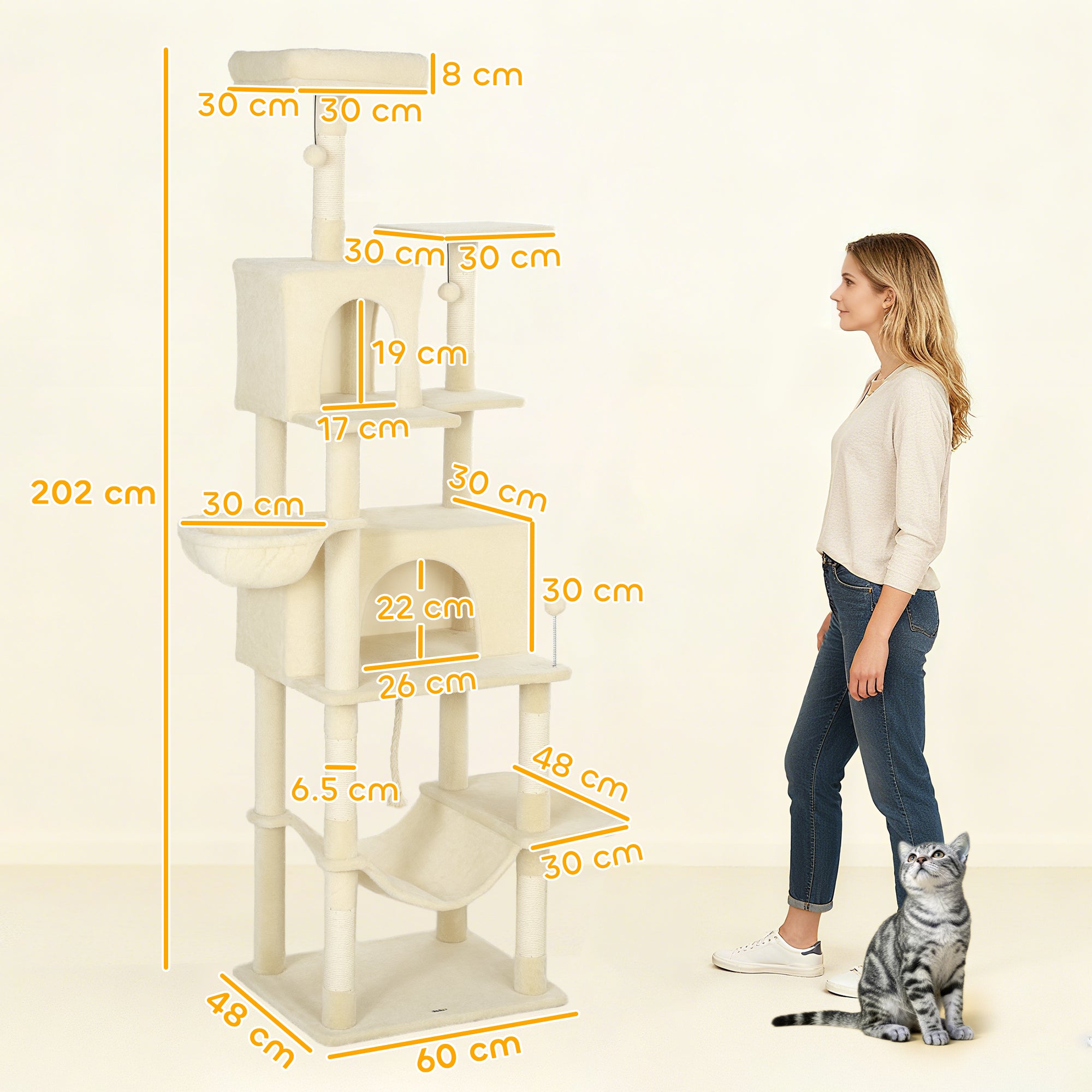 pawhut-arbre-chat-202-cm-avec-6-griffoirs-2-niches-et-2-hamacs-beige image 5